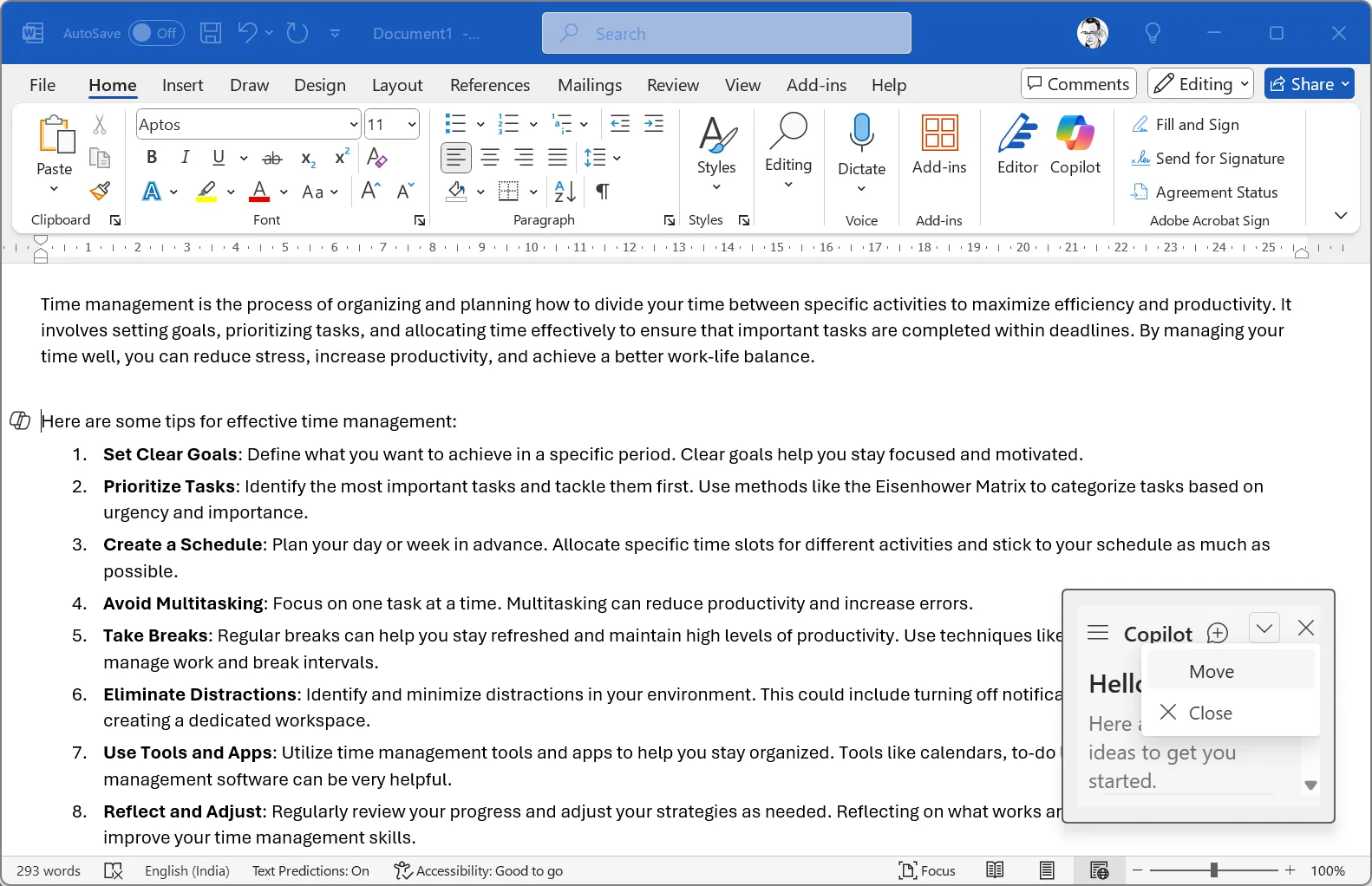 Cửa sổ Copilot trong Microsoft Word được kéo ra ngoài để có không gian làm việc rộng hơn