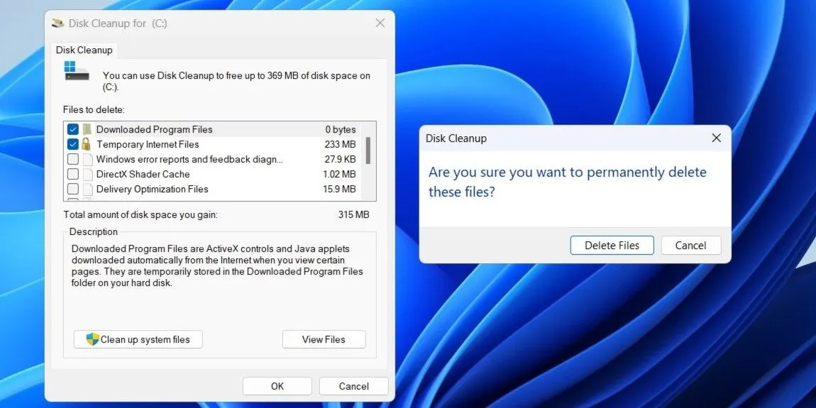 Cửa sổ Disk Cleanup của Windows hiển thị các loại tệp tin có thể dọn dẹp để tăng tốc máy tính
