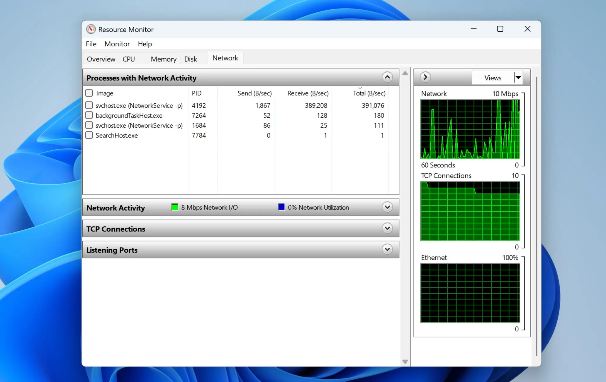 Cửa sổ Giám sát Tài nguyên (Resource Monitor) của Windows 11 hiển thị mức sử dụng mạng theo thời gian thực