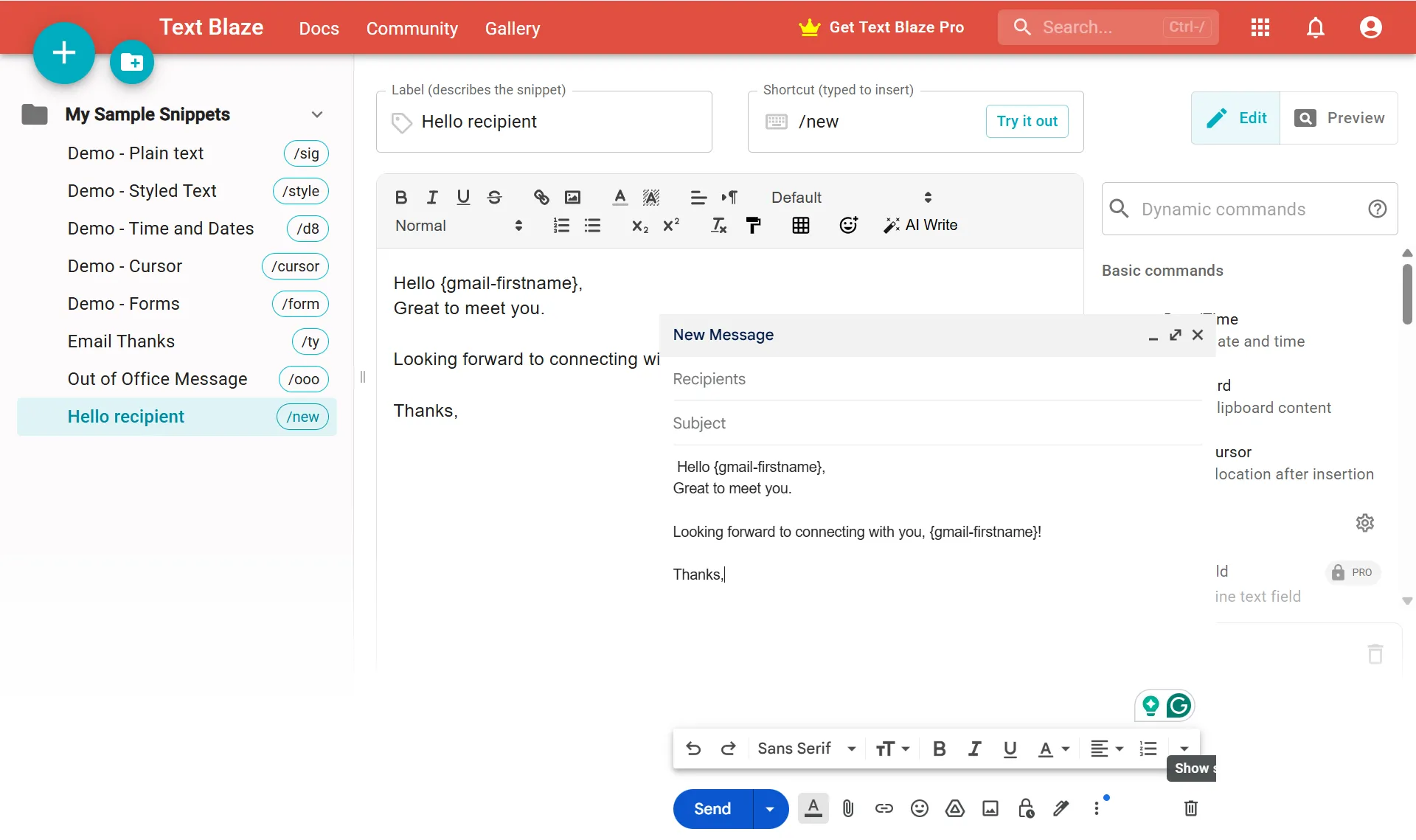 Cửa sổ tạo snippet động trong Text Blaze, cho phép chèn các trường động như ngày, giờ hoặc dữ liệu từ clipboard