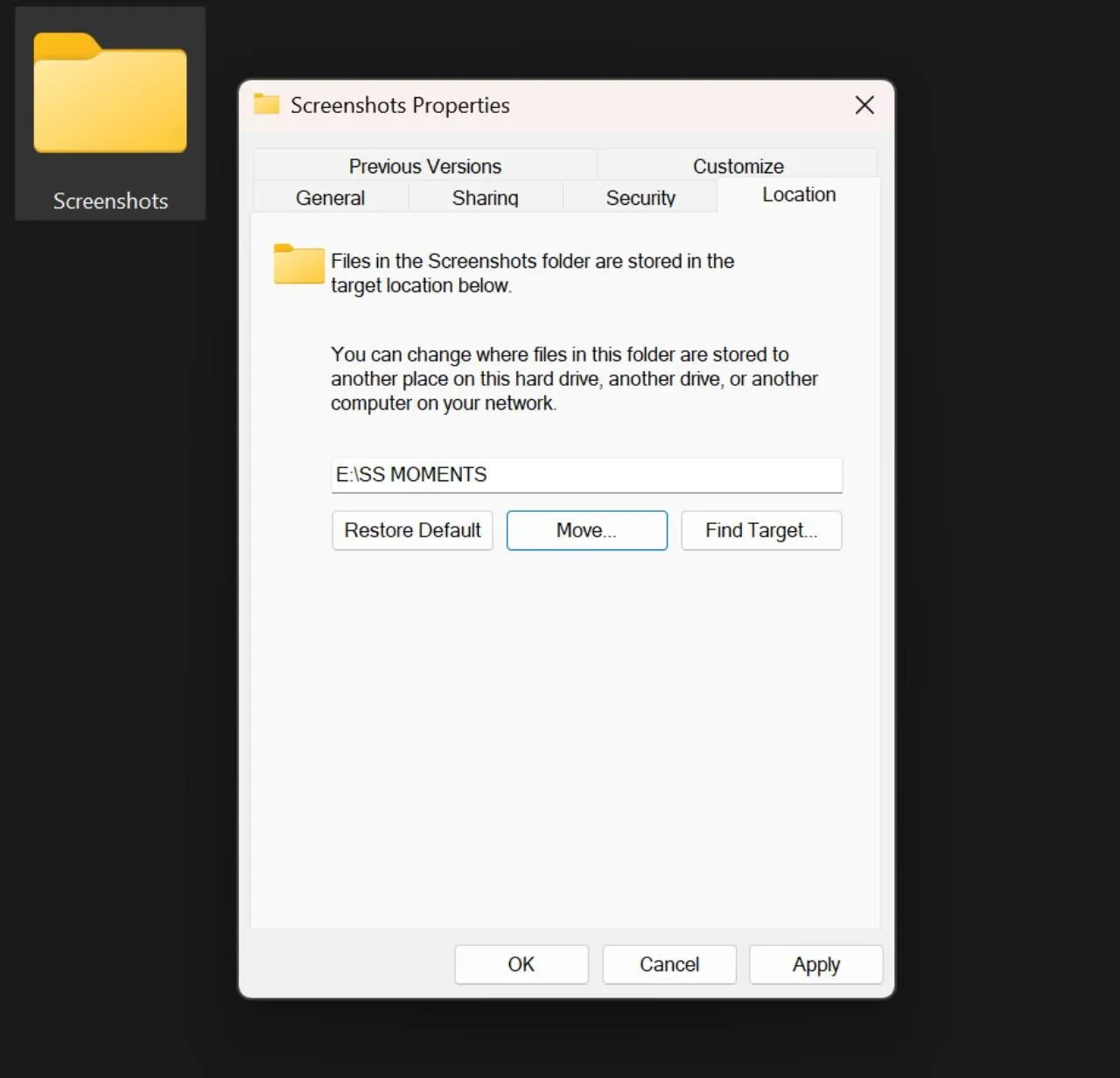 Cửa sổ thuộc tính thư mục Screenshots với tab Vị trí (Location) được chọn
