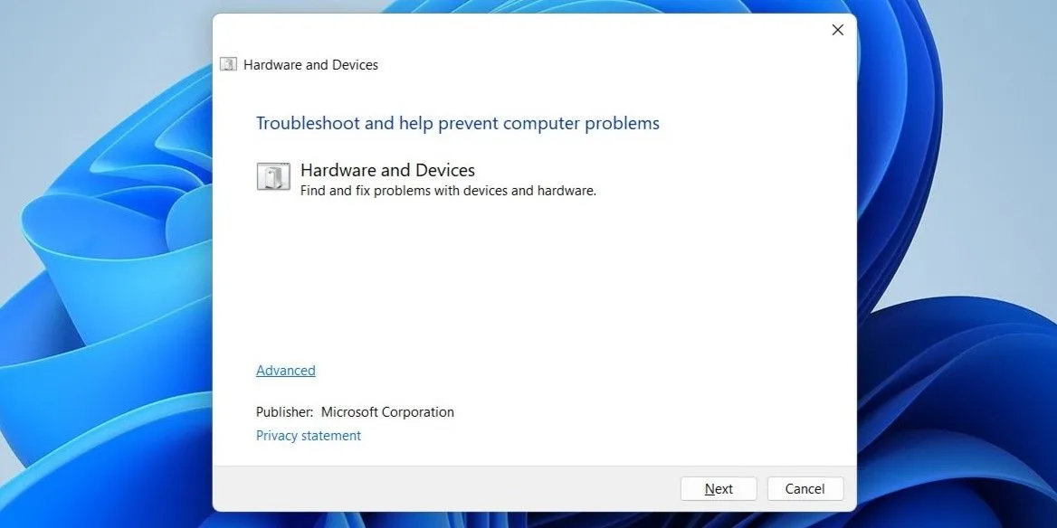 Cửa sổ trình gỡ rối Phần cứng và Thiết bị trên hệ điều hành Windows