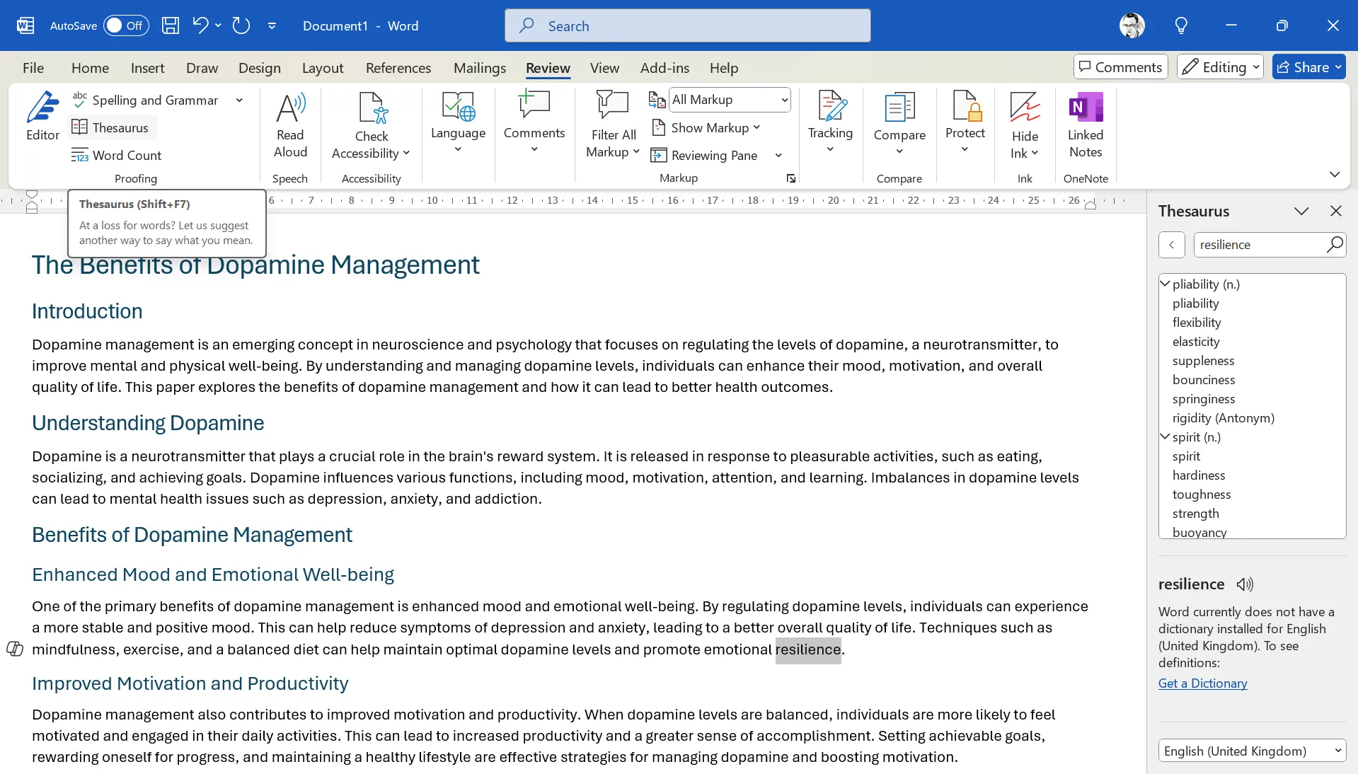 Cửa sổ Từ điển đồng nghĩa (Thesaurus) trong Microsoft Word hiển thị các từ gợi ý
