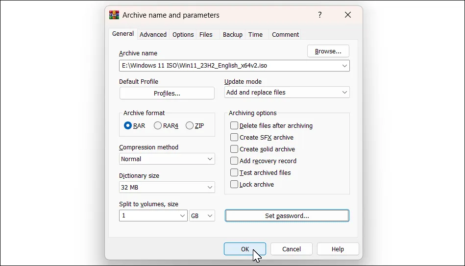 Cửa sổ WinRAR Add to Archive để thiết lập kích thước chia file