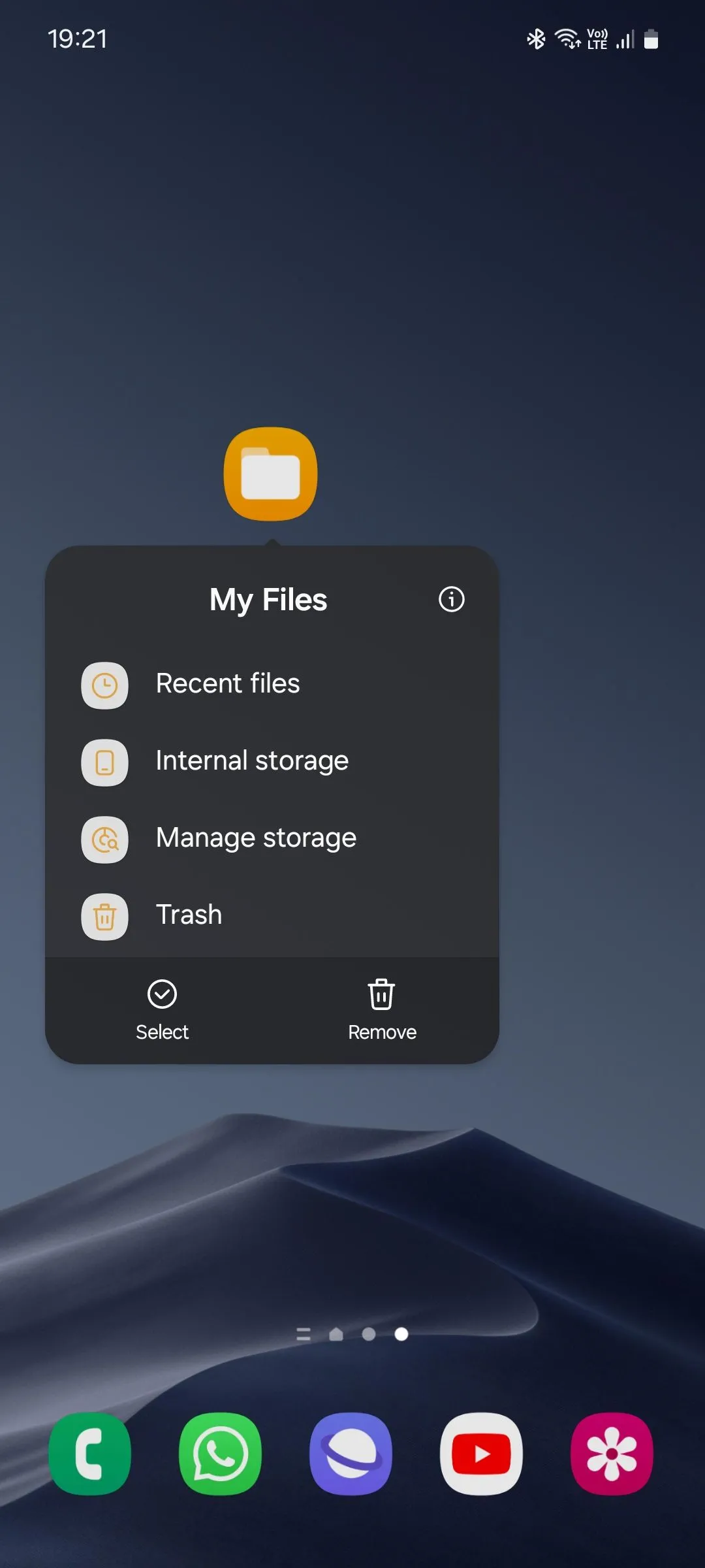 Danh sách các lối tắt ứng dụng của Samsung My Files, bao gồm 'Tệp gần đây' và 'Phân tích bộ nhớ'.