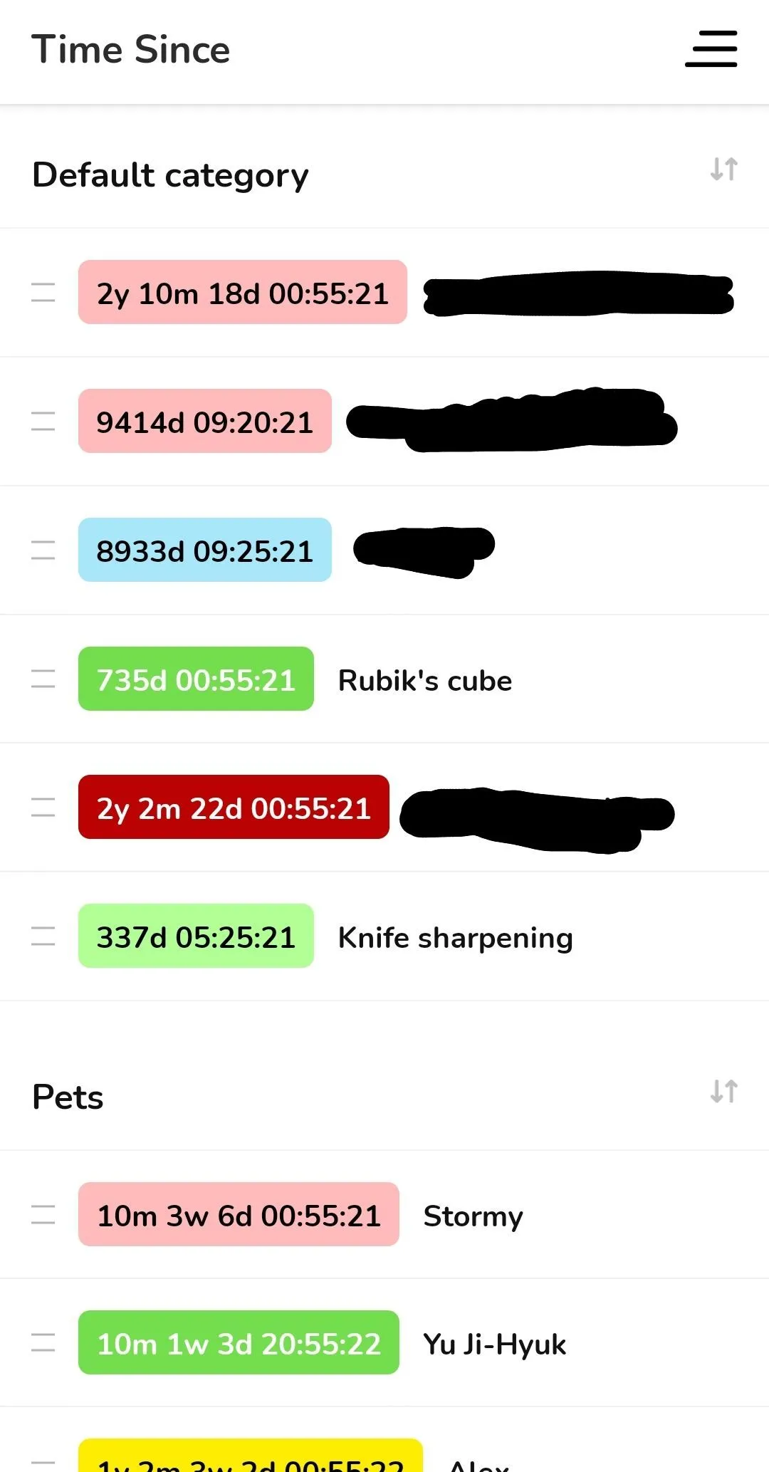 Danh sách các mốc thời gian và sự kiện được theo dõi trong ứng dụng Time Since