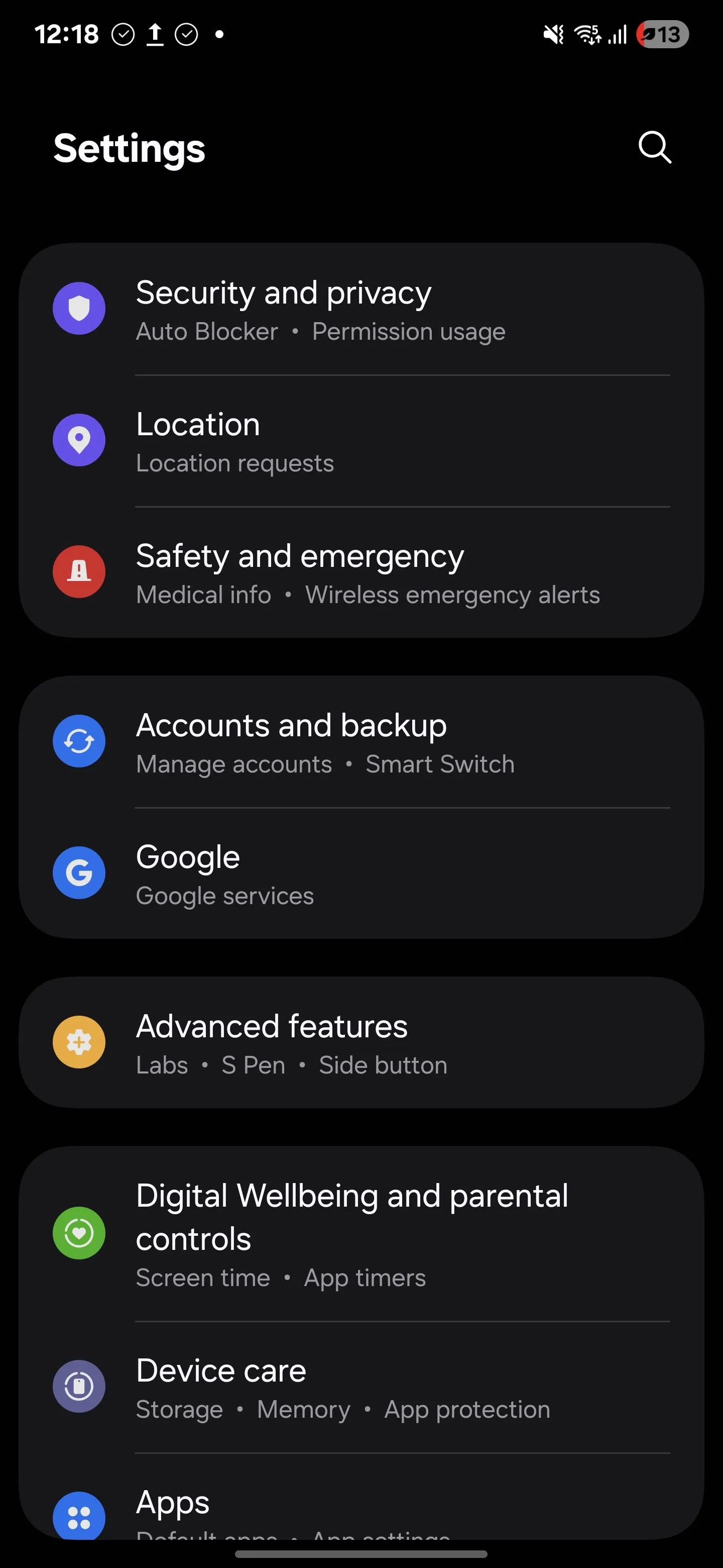 Danh sách các mục trong menu Cài đặt trên điện thoại Samsung