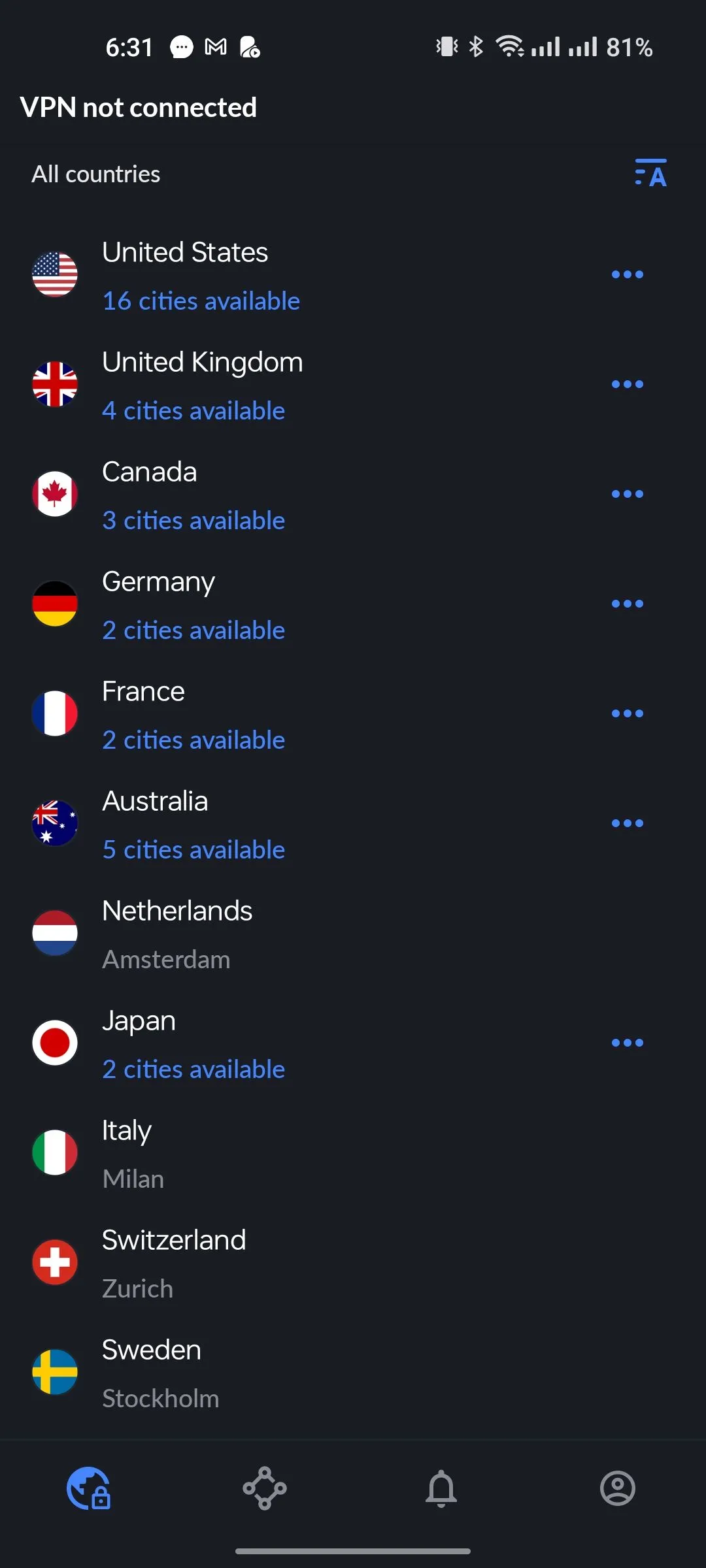 Danh sách các quốc gia để kết nối máy chủ VPN trong ứng dụng NordVPN, cho phép chọn vị trí ảo