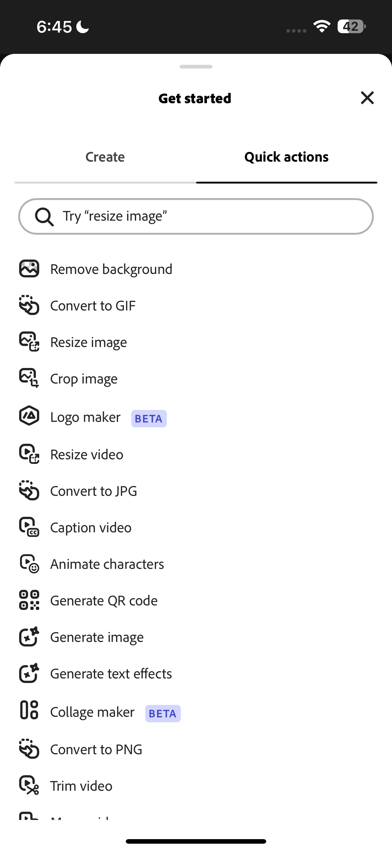 Danh sách các tác vụ nhanh (Quick Actions) tiện lợi trong giao diện Adobe Express.