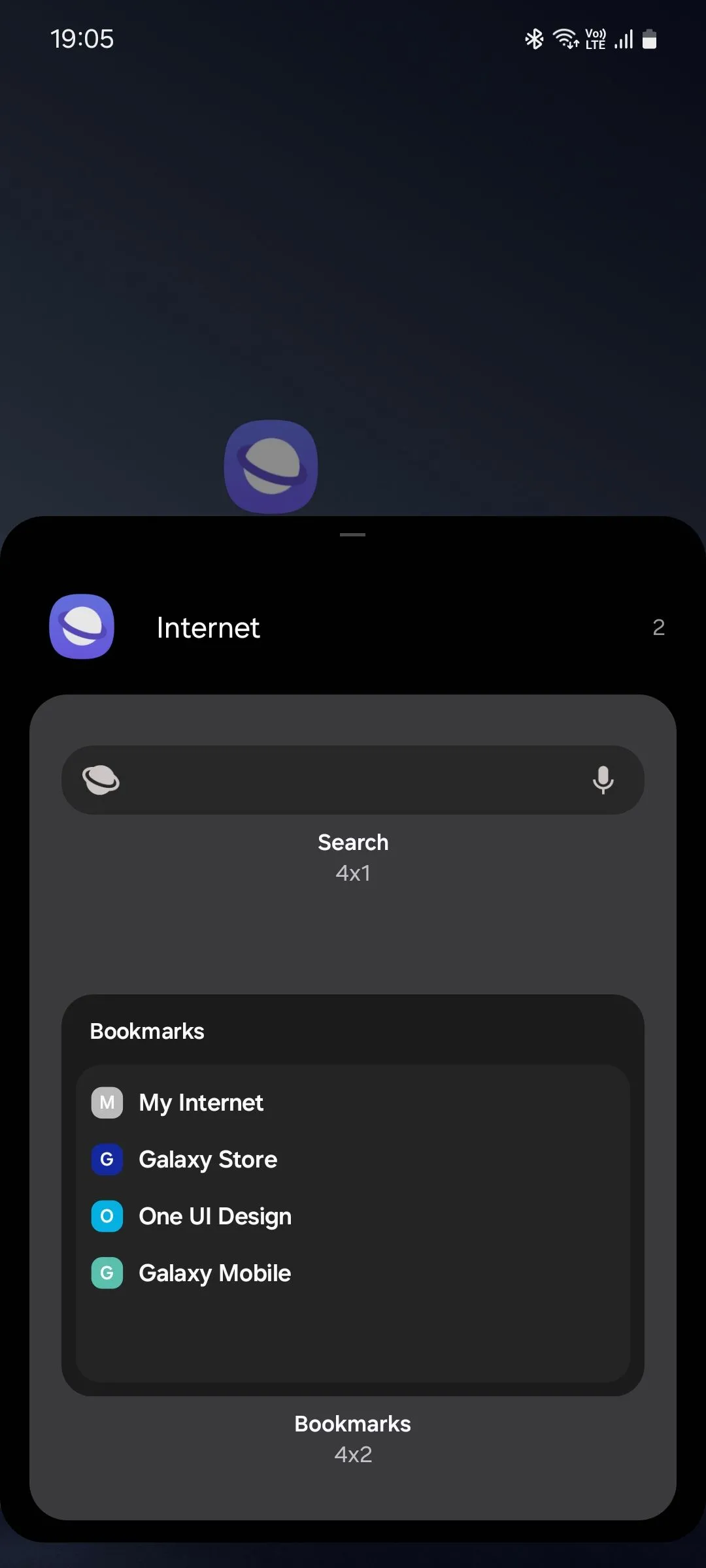 Danh sách các widget của trình duyệt Samsung Internet bao gồm tùy chọn tìm kiếm và các trang web thường truy cập.