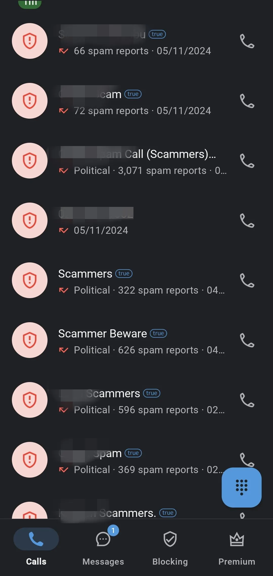 Danh sách cuộc gọi trong ứng dụng Truecaller hiển thị các số điện thoại bị đánh dấu là cuộc gọi lừa đảo hoặc spam.