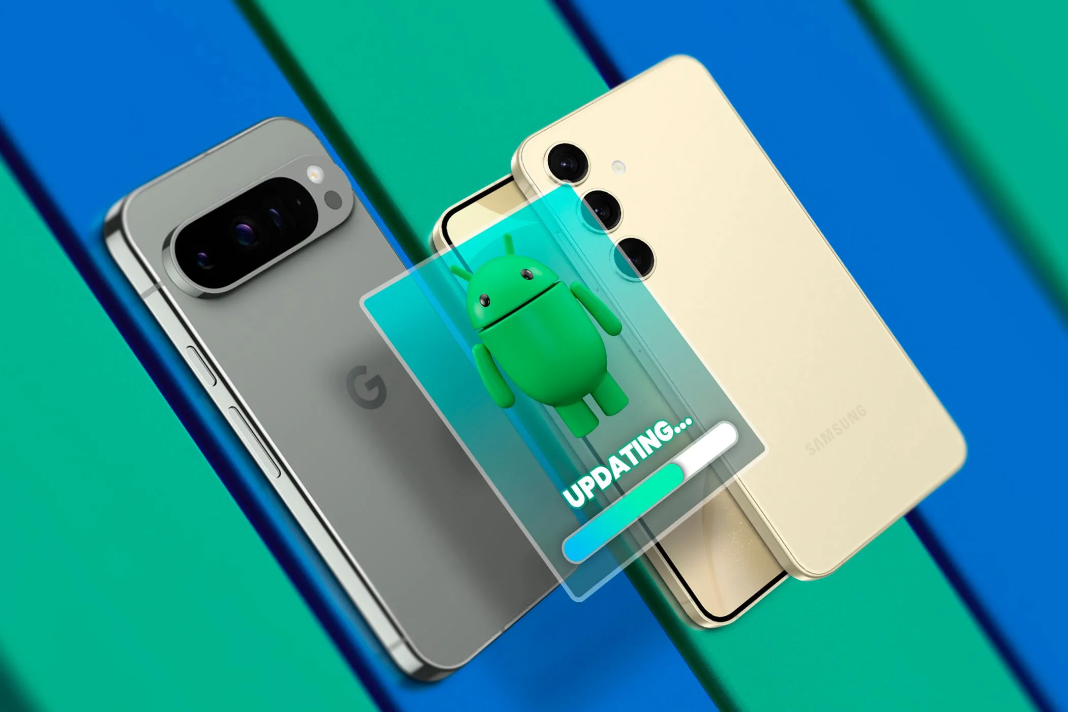 Điện thoại Google Pixel và Samsung Galaxy hiển thị thông báo cập nhật hệ điều hành Android