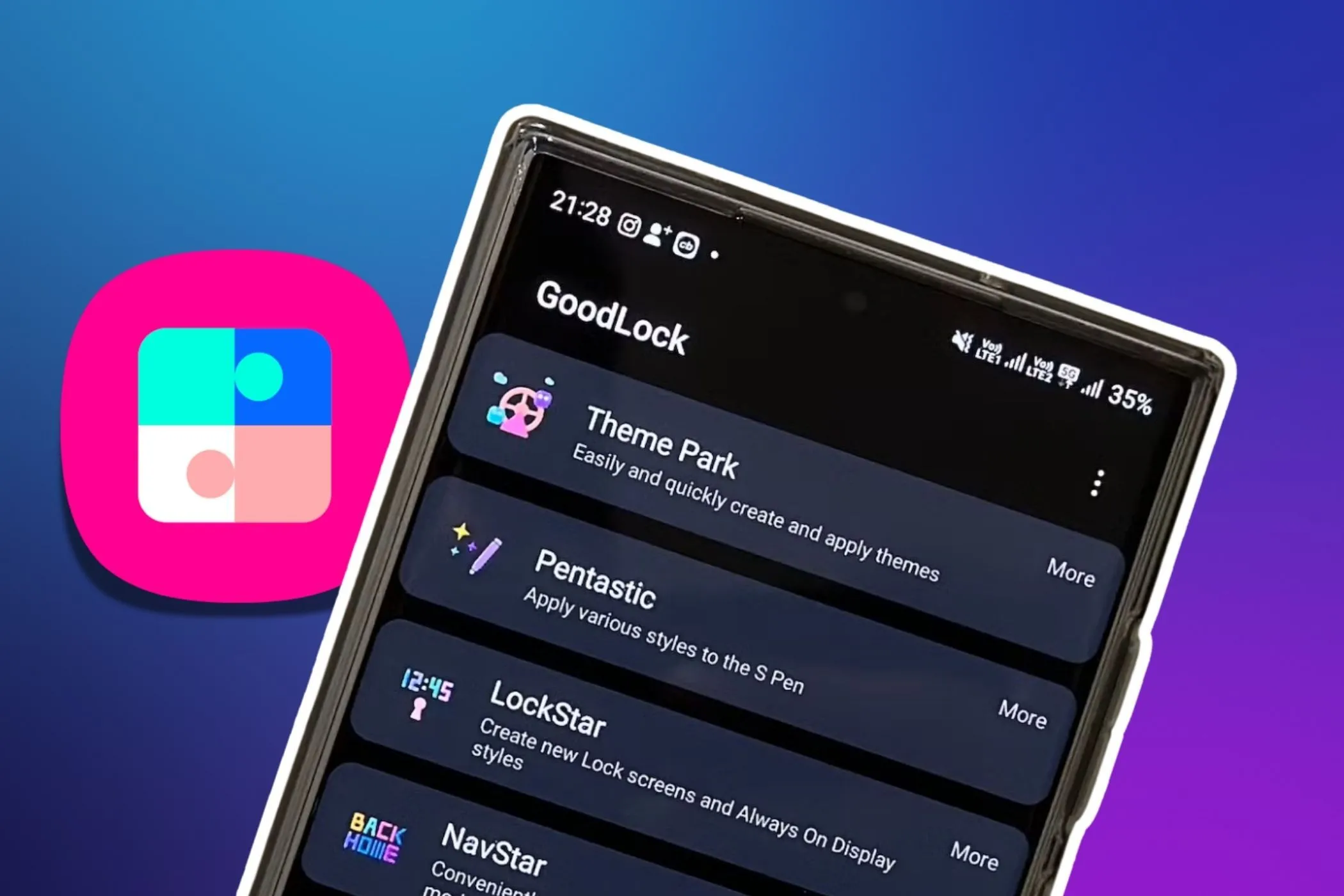 Điện thoại Samsung hiển thị ứng dụng Good Lock, biểu tượng Good Lock ở bên trái, minh họa công cụ tùy chỉnh mạnh mẽ trên One UI.