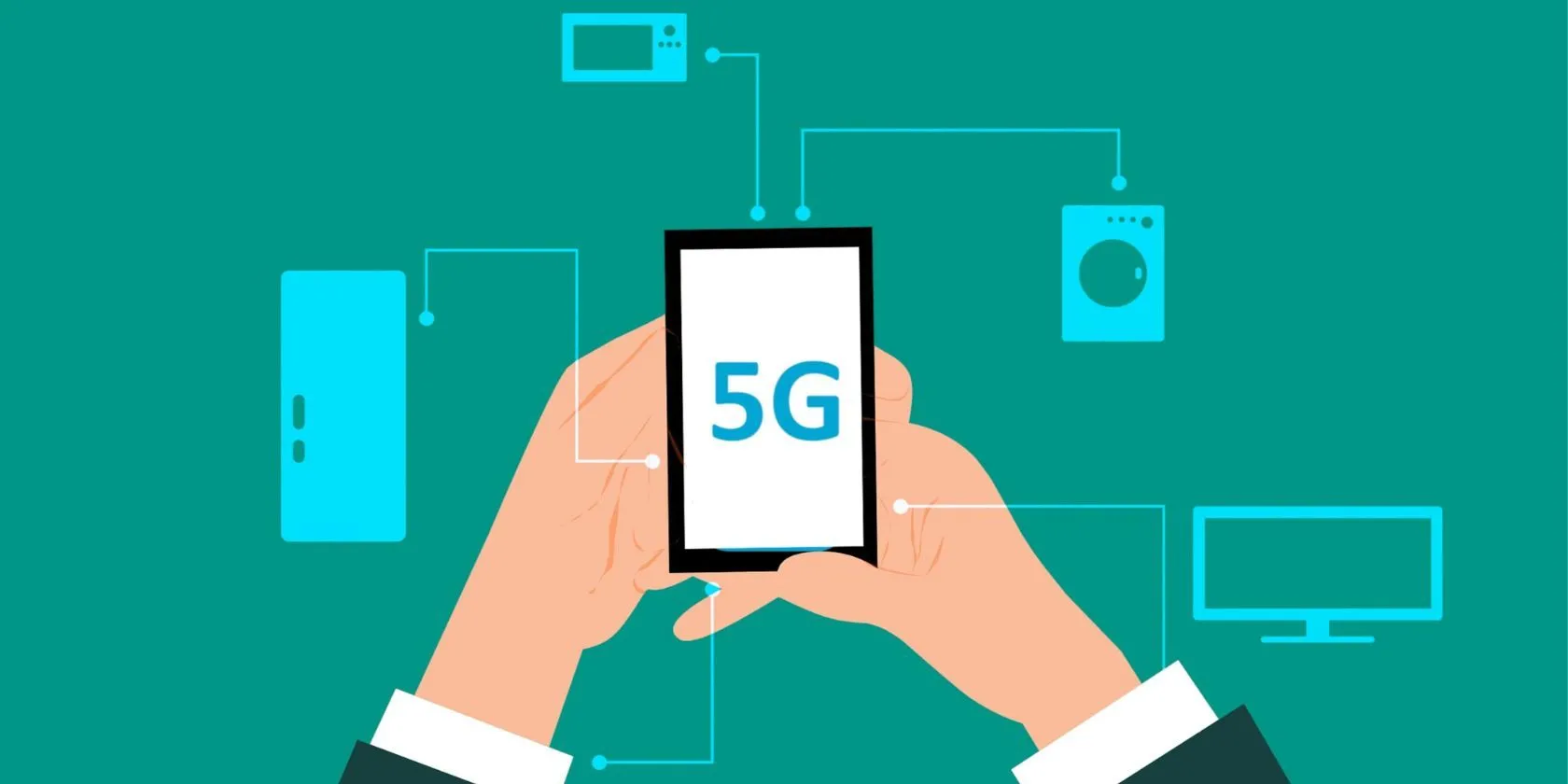 Đồ họa kỹ thuật số một người dùng điện thoại 5G với nhiều điểm kết nối, biểu tượng công nghệ mạng di động tốc độ cao