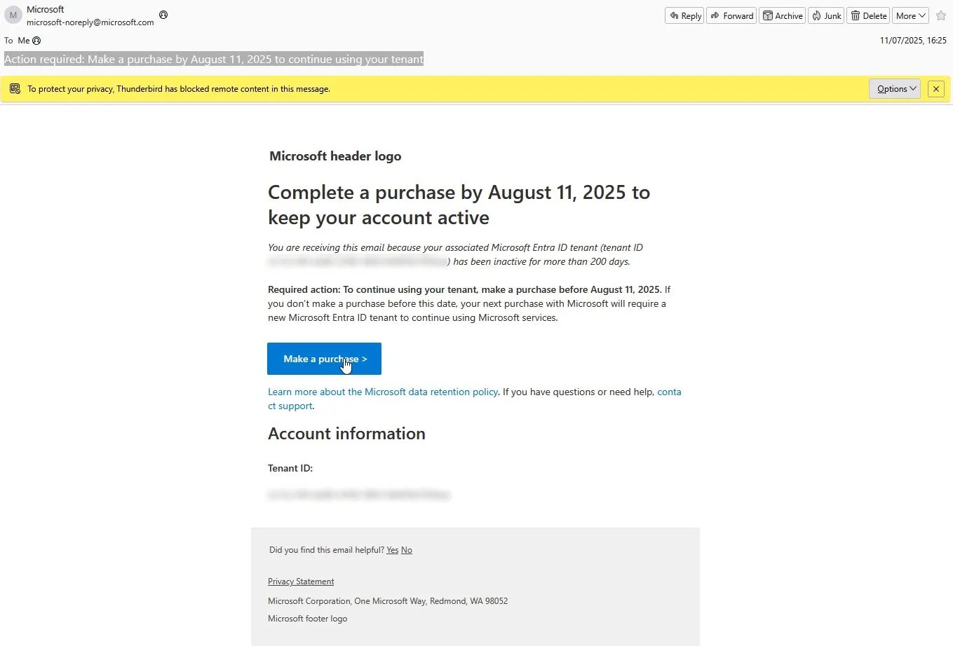 Email cảnh báo Microsoft Entra ID yêu cầu mua hàng để duy trì tài khoản