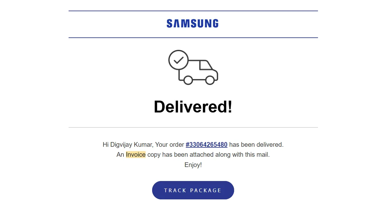 Email xác nhận đơn hàng từ Samsung bao gồm hóa đơn