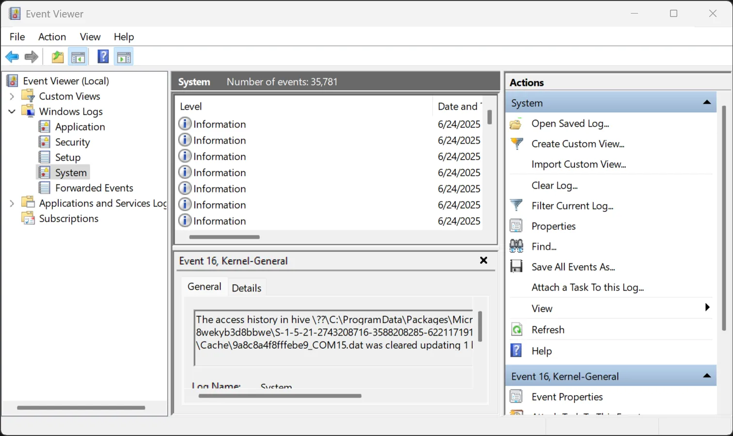 Event Viewer hiển thị các thuộc tính S.M.A.R.T. của ổ đĩa trong nhật ký hệ thống của Windows, giúp theo dõi sức khỏe ổ cứng.