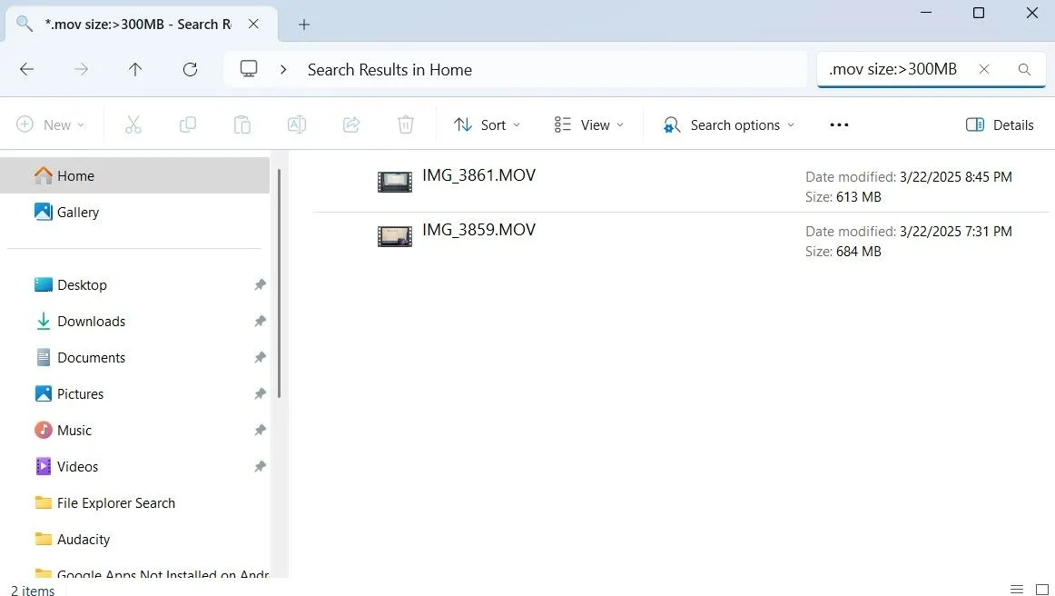 File Explorer tìm kiếm các tệp phim lớn hơn 300MB
