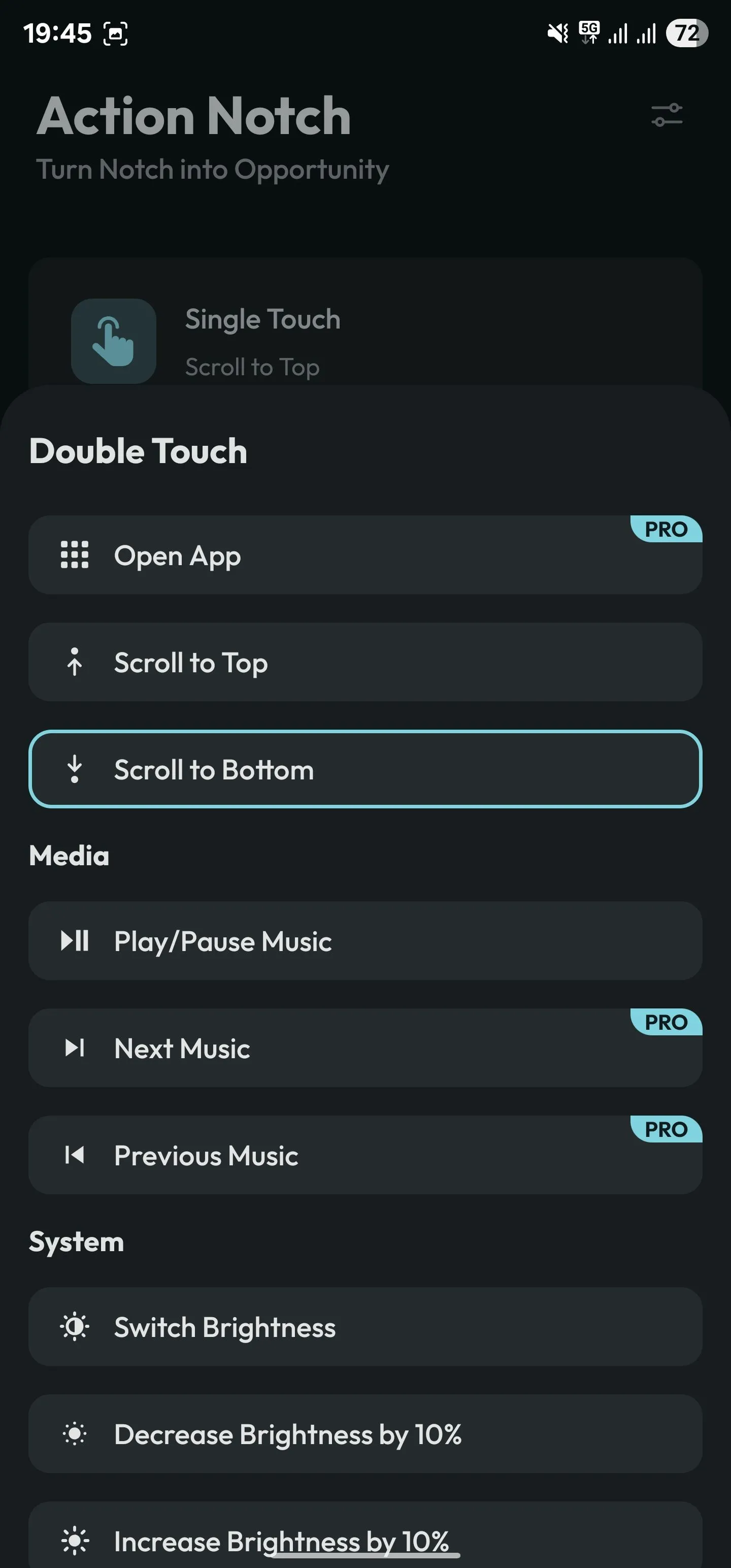 Gán cử chỉ chạm đúp (Double Touch) cho hành động cuộn xuống cuối trang (Scroll to Bottom) trong Action Notch.