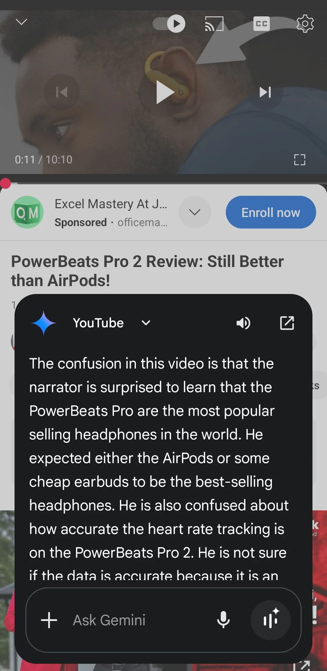 Gemini hiển thị bản tóm tắt video YouTube về PowerBeats Pro 2