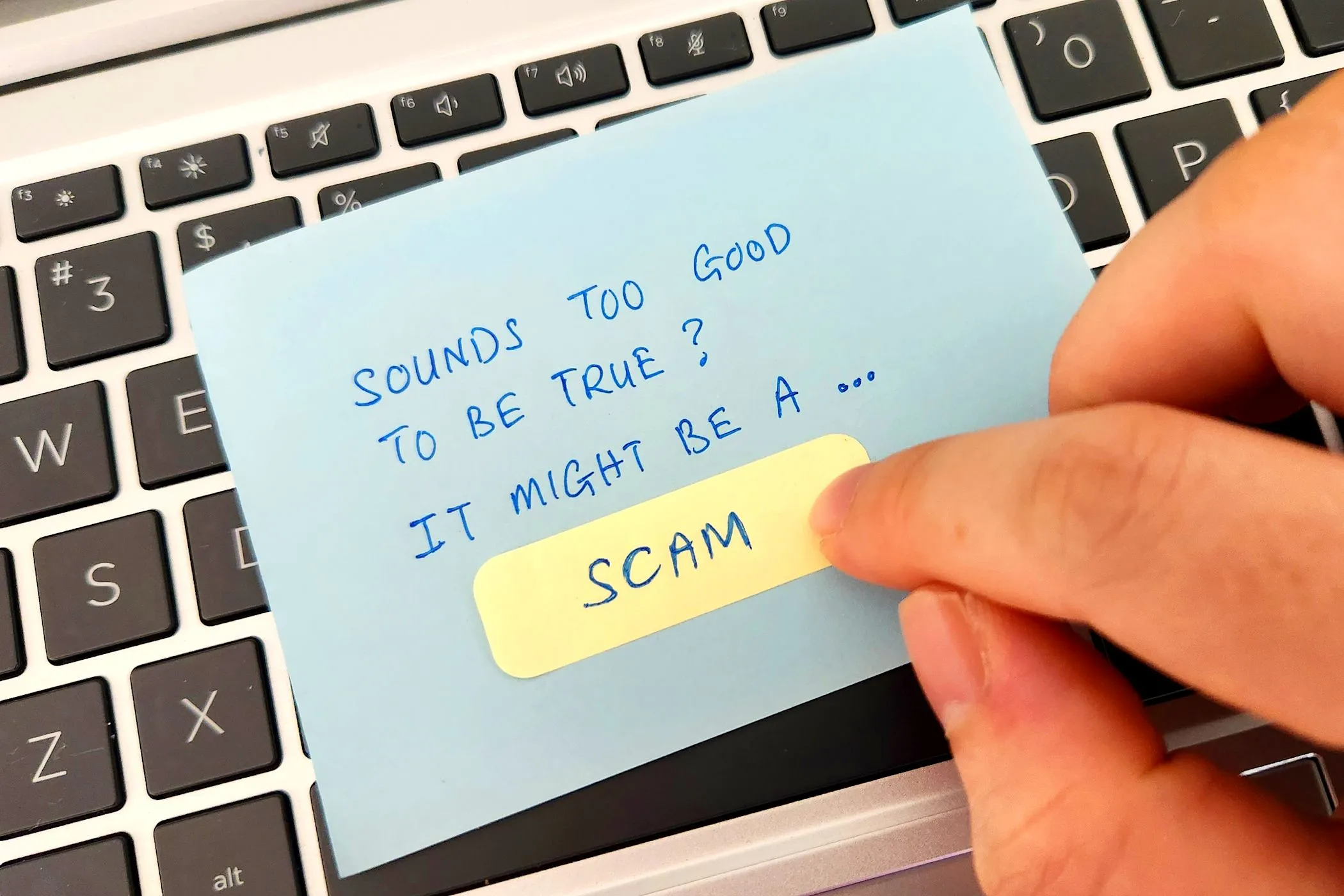 Ghi chú &quot;Scam Alert&quot; đặt trên bàn phím laptop cùng ngón tay chỉ vào, minh họa cảnh báo về các chiêu lừa đảo đầu tư hoặc mua bán trực tuyến.
