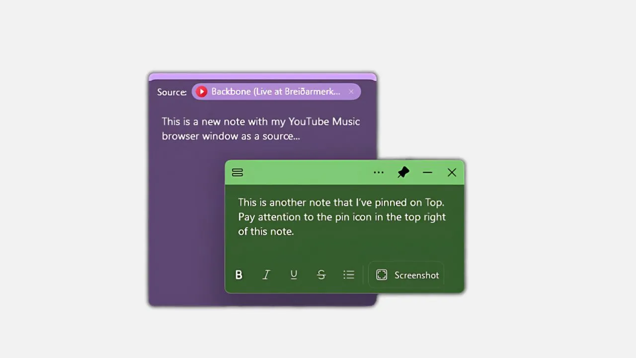 Ghi chú Sticky Notes trên Windows 11 được ghim cố định phía trên các cửa sổ ứng dụng khác, thể hiện tính năng pin on top