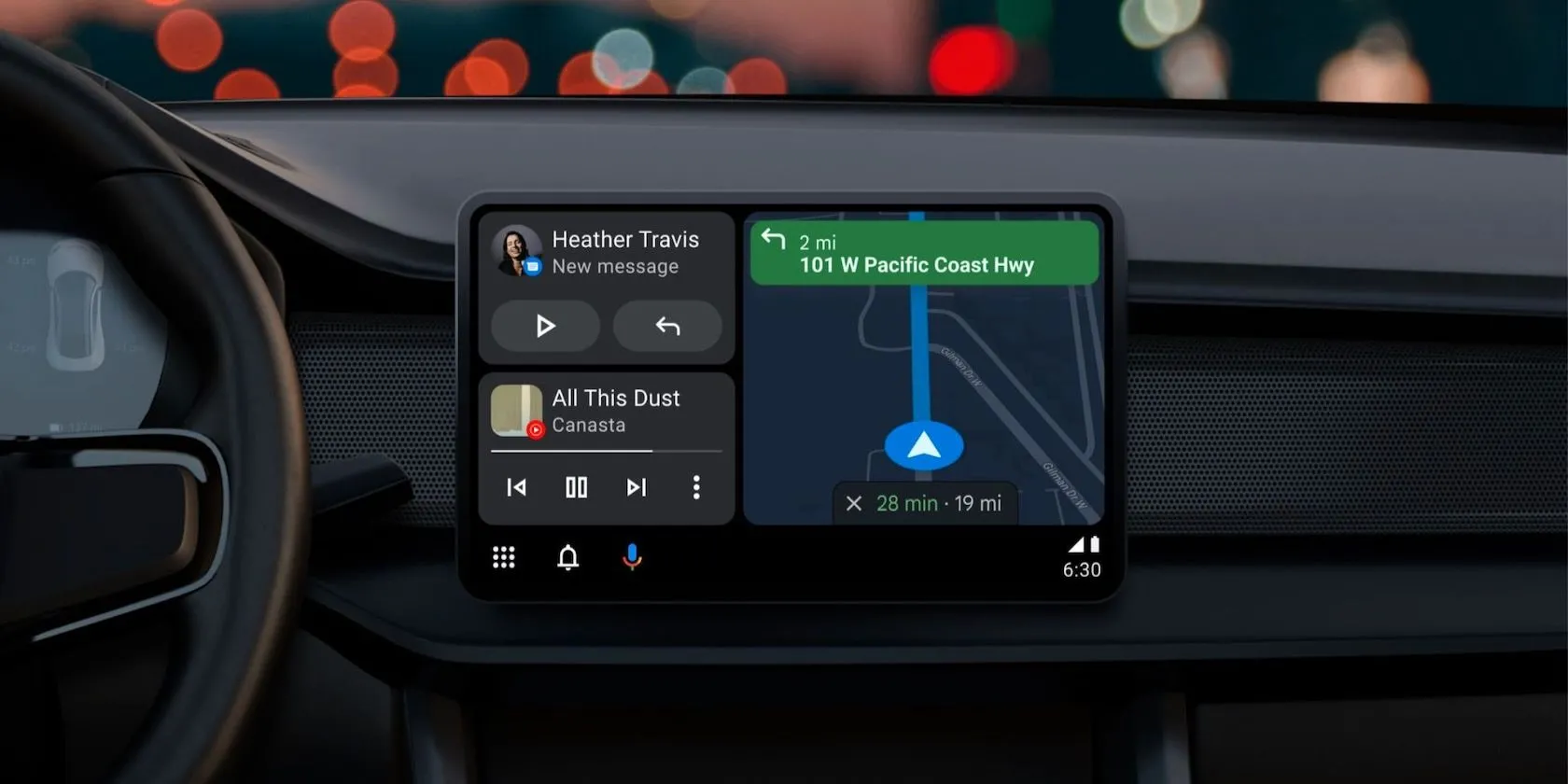 Giao diện Android Auto với bản đồ định vị, tin nhắn và điều khiển âm nhạc hiển thị
