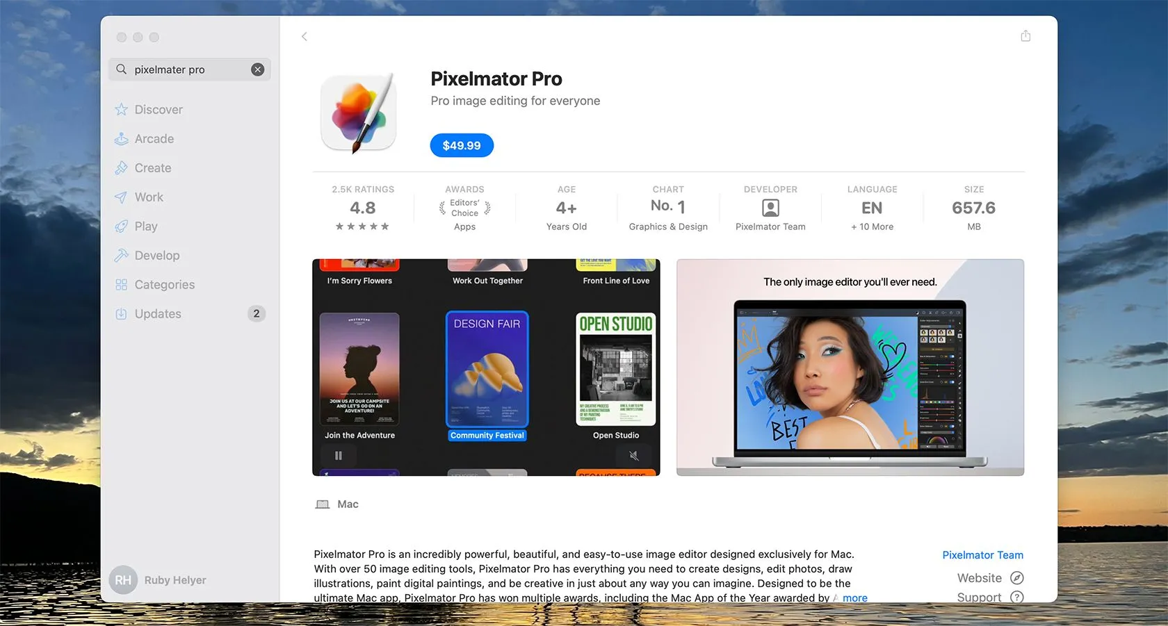Giao diện App Store hiển thị giá mua một lần của Pixelmator Pro dành cho hệ điều hành Mac