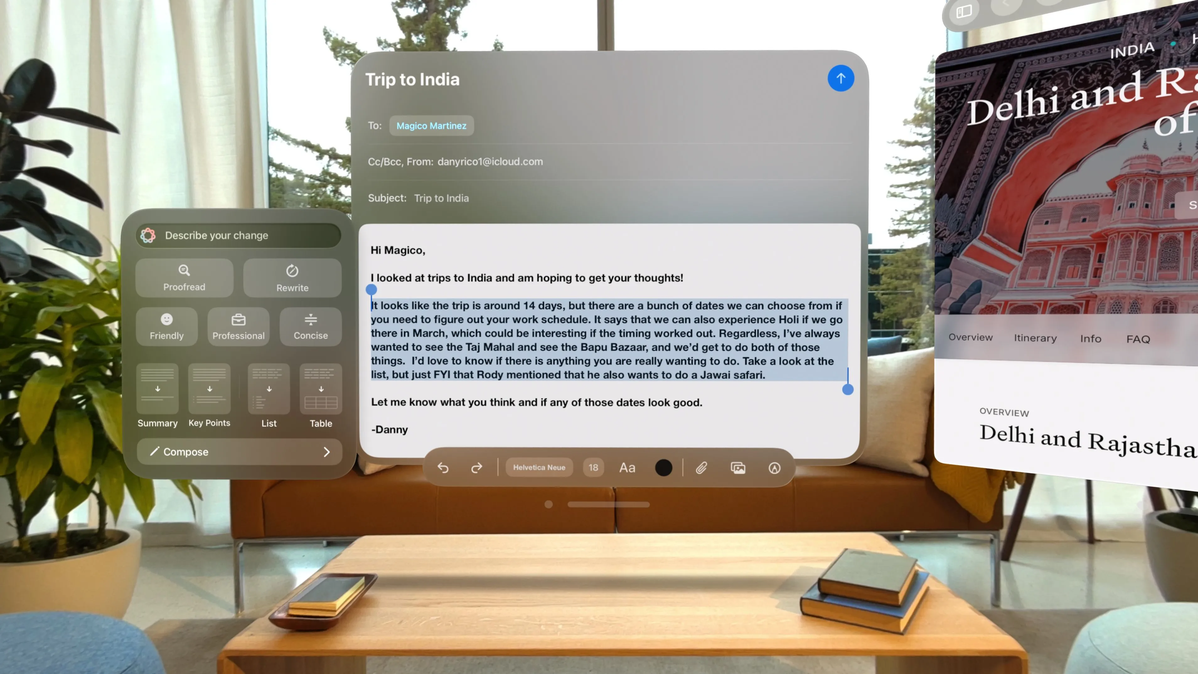 Giao diện Apple Intelligence hiển thị trên kính thực tế hỗn hợp Apple Vision Pro