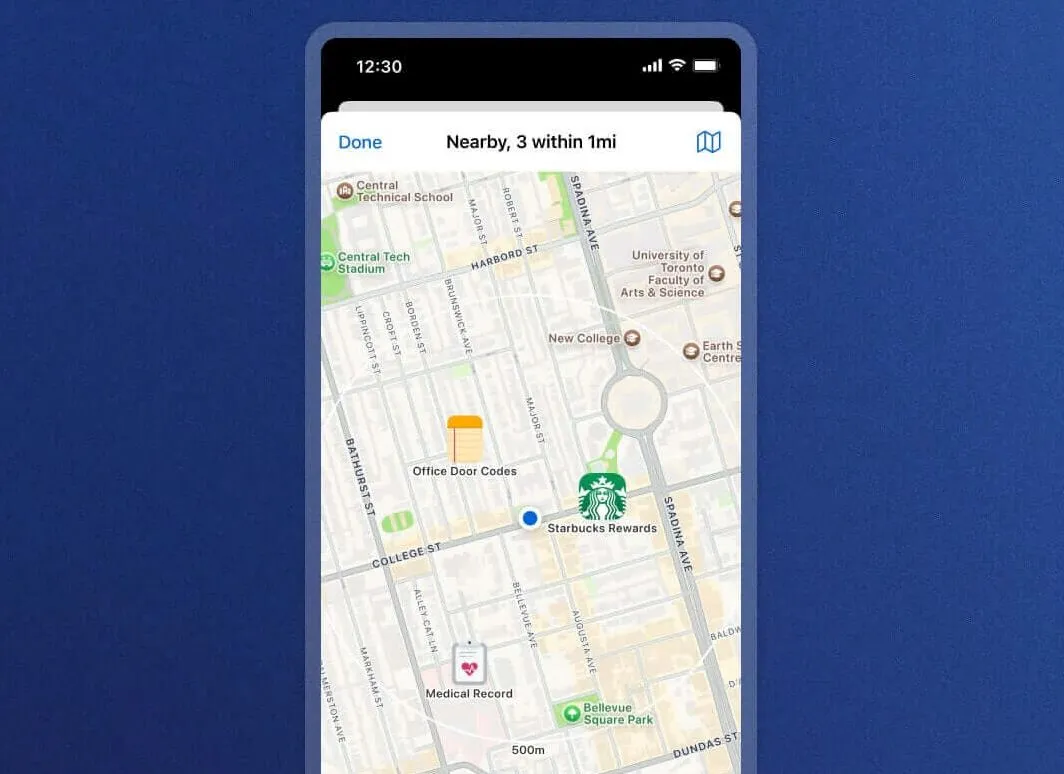 Giao diện bản đồ trong ứng dụng 1Password hiển thị các mục dữ liệu được liên kết với vị trí cụ thể.