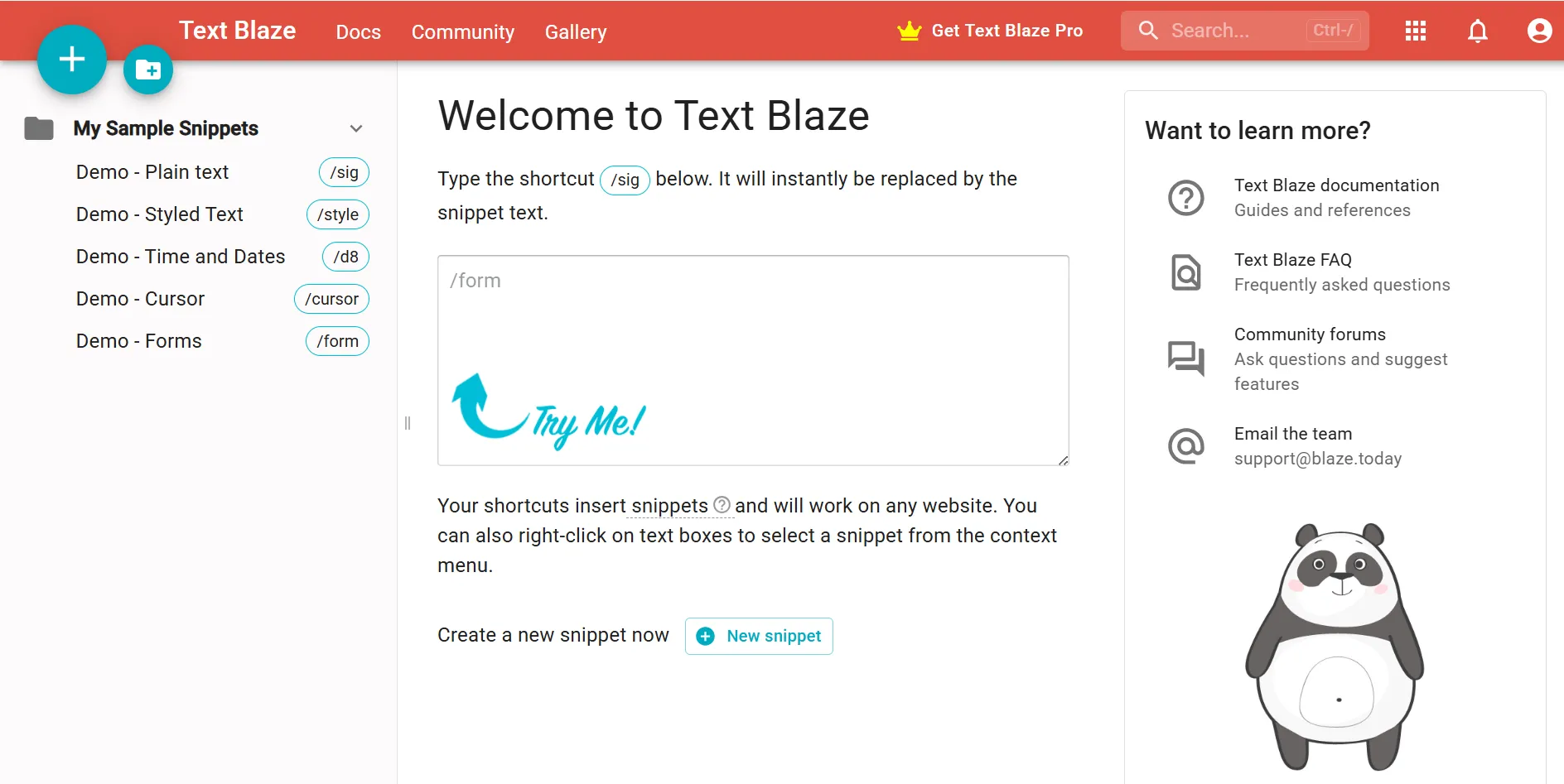 Giao diện bảng điều khiển Text Blaze hiển thị danh sách các snippet đã tạo