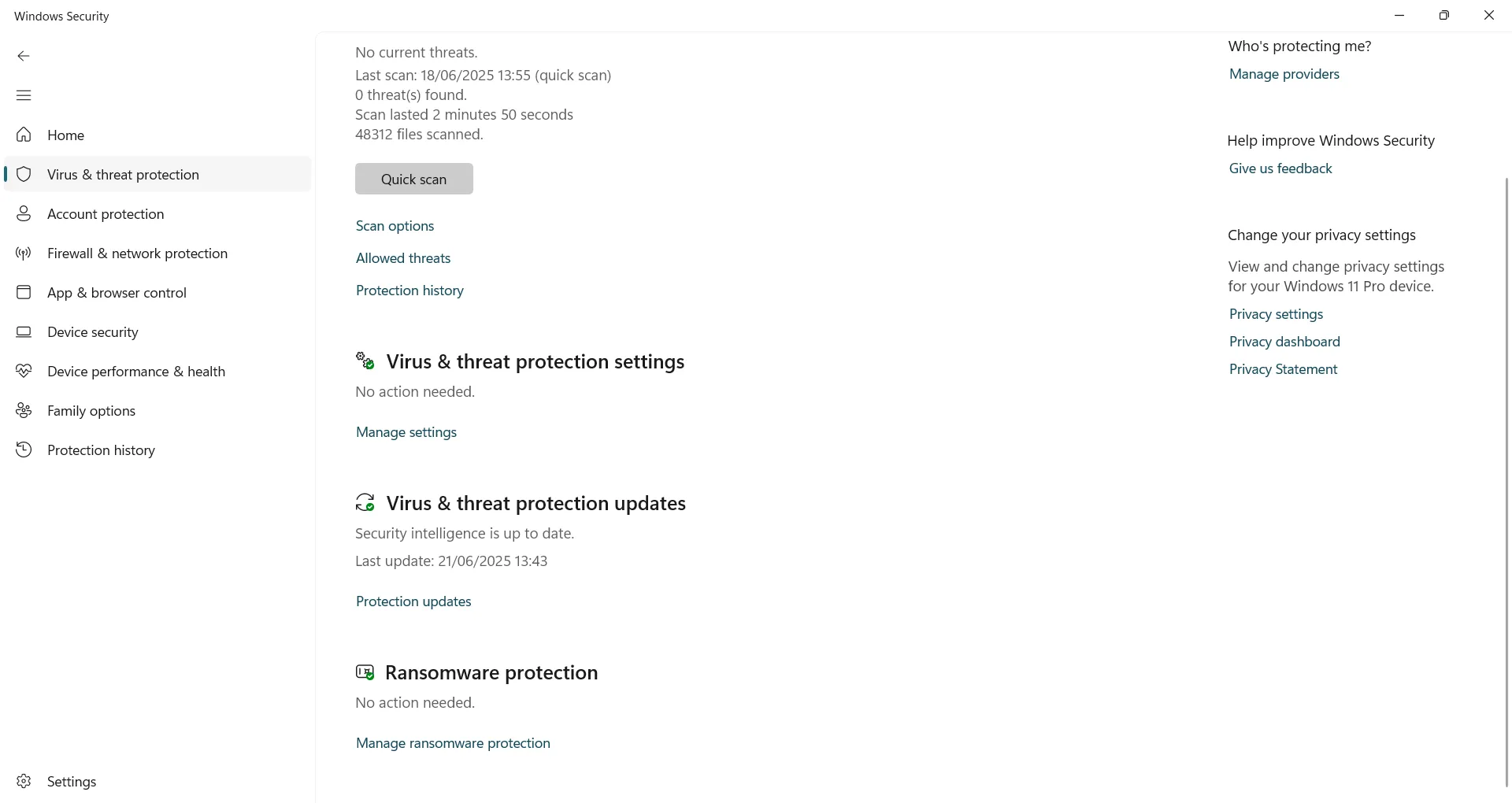 Giao diện Bảo vệ khỏi Virus & Mối đe dọa trong Windows Security