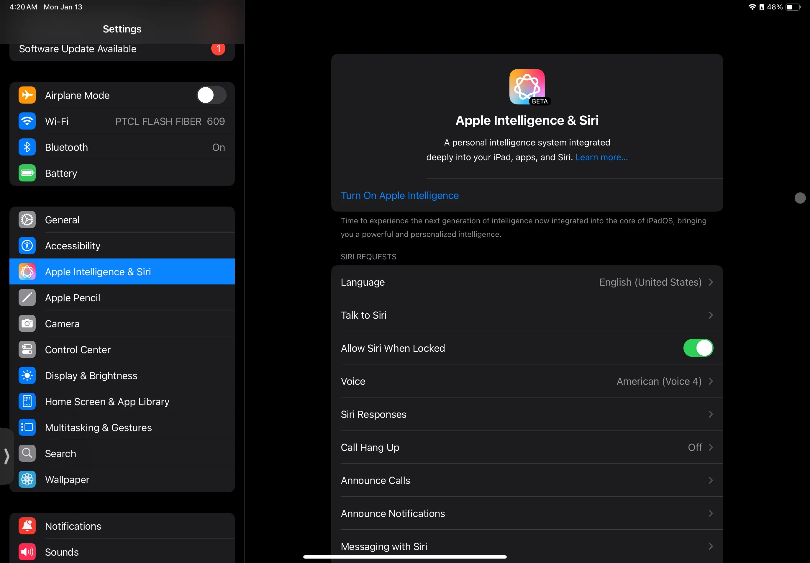 Giao diện cài đặt Apple Intelligence và Siri trên iPad, hiển thị tùy chọn bật/tắt tính năng AI.