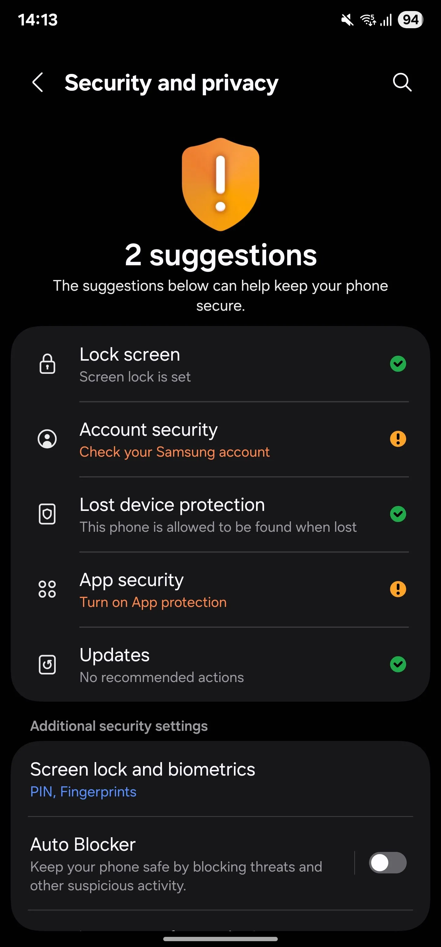 Giao diện Cài đặt Bảo mật và quyền riêng tư trên điện thoại Samsung Galaxy.