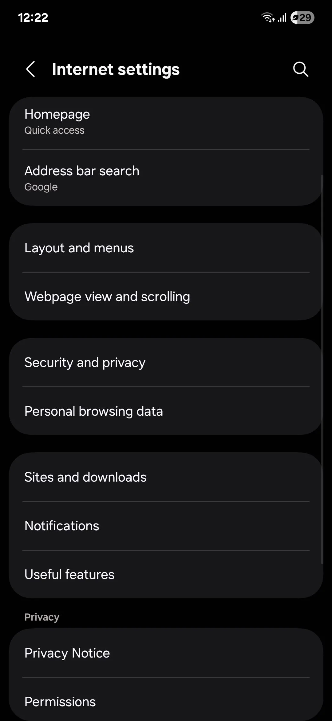 Giao diện cài đặt của trình duyệt Samsung Internet cho phép tùy chỉnh trải nghiệm duyệt web