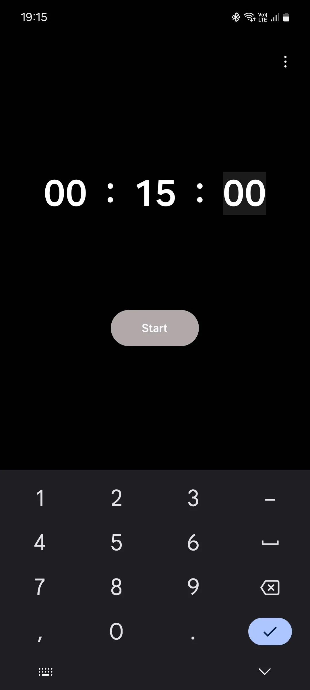 Giao diện cài đặt hẹn giờ của ứng dụng Samsung Clock, hiển thị các tùy chọn để nhập thời gian và bắt đầu đếm ngược.
