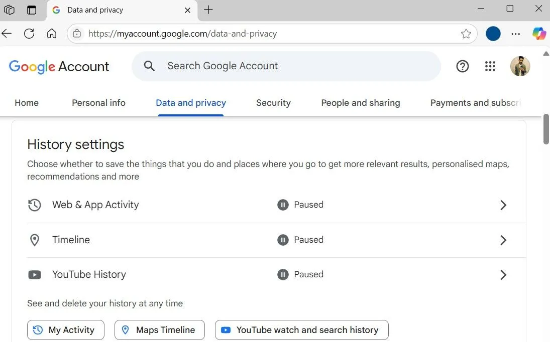 Giao diện cài đặt lịch sử tài khoản Google trong trình duyệt web, nơi quản lý dữ liệu hoạt động