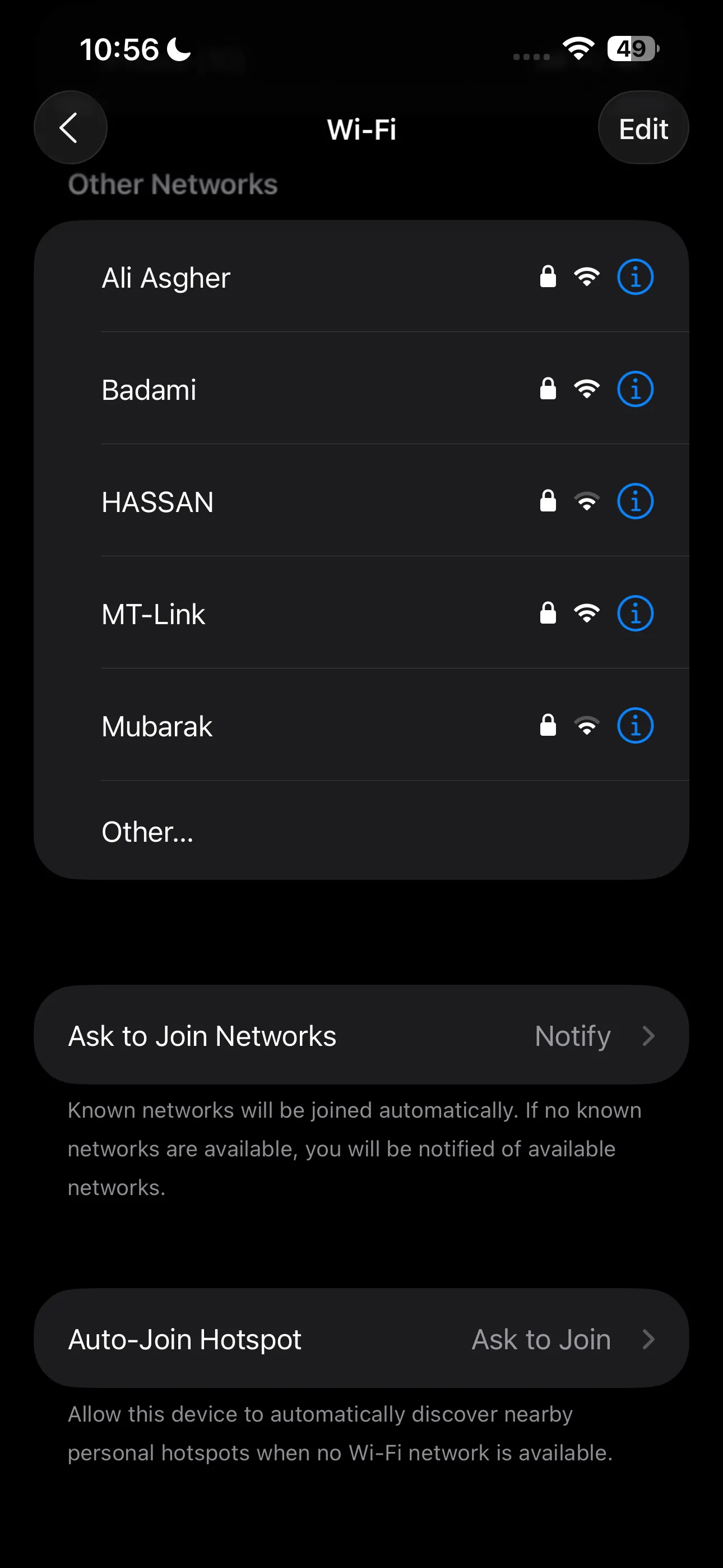 Giao diện cài đặt mạng Wi-Fi trên thiết bị iOS