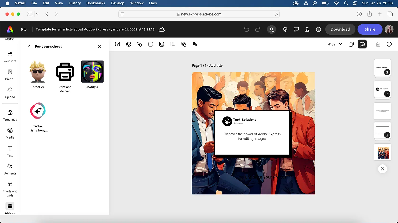 Giao diện cài đặt Tiện ích mở rộng (Add-Ons) trong Adobe Express dành cho gói Giáo dục, hiển thị danh sách các Add-Ons bị hạn chế và không đầy đủ.