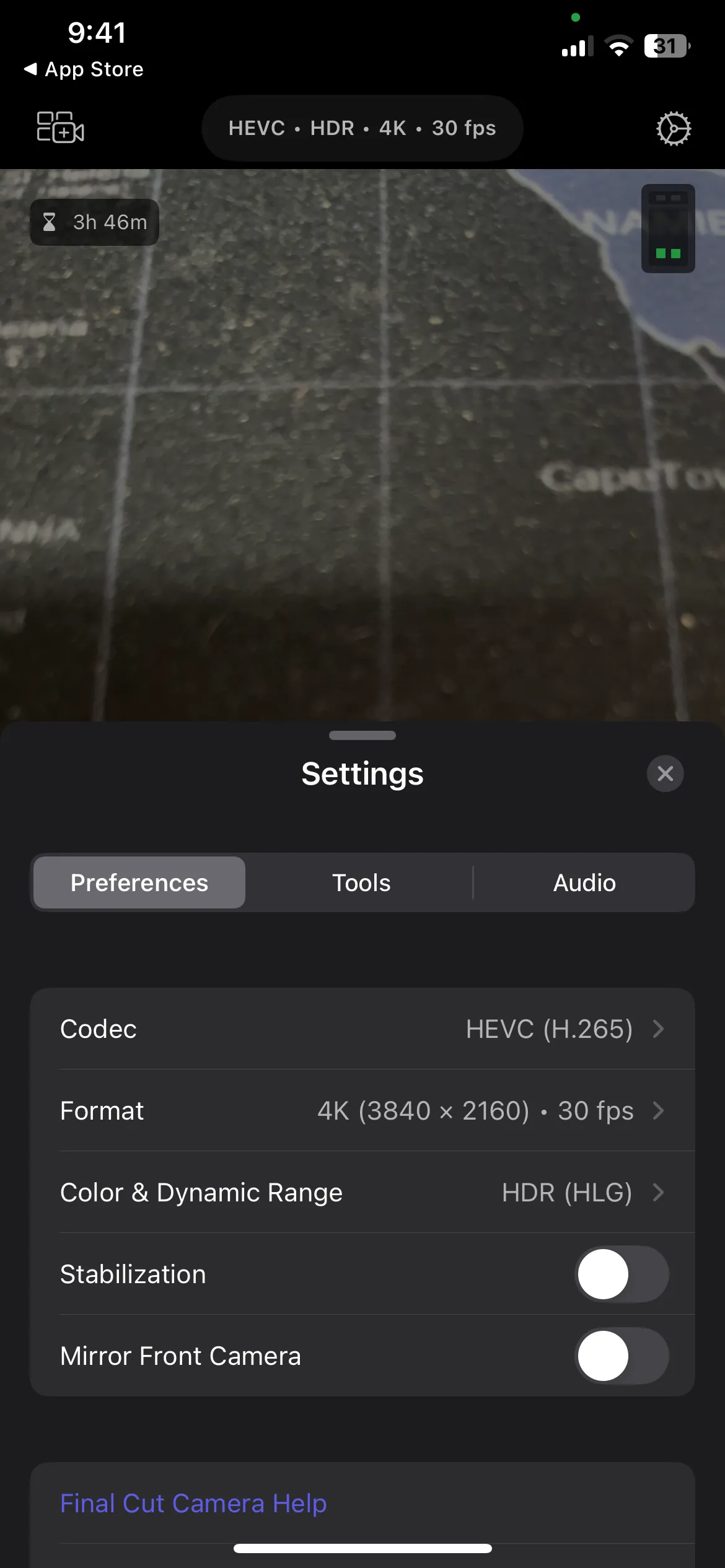 Giao diện cài đặt ứng dụng Final Cut Camera trên iPhone với các tùy chọn quay video chuyên nghiệp