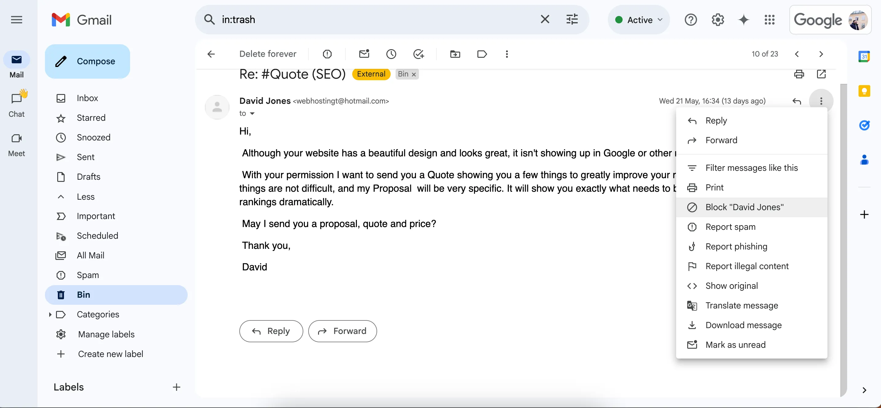 Giao diện chặn người gửi trong ứng dụng Gmail giúp ngăn chặn email không mong muốn.