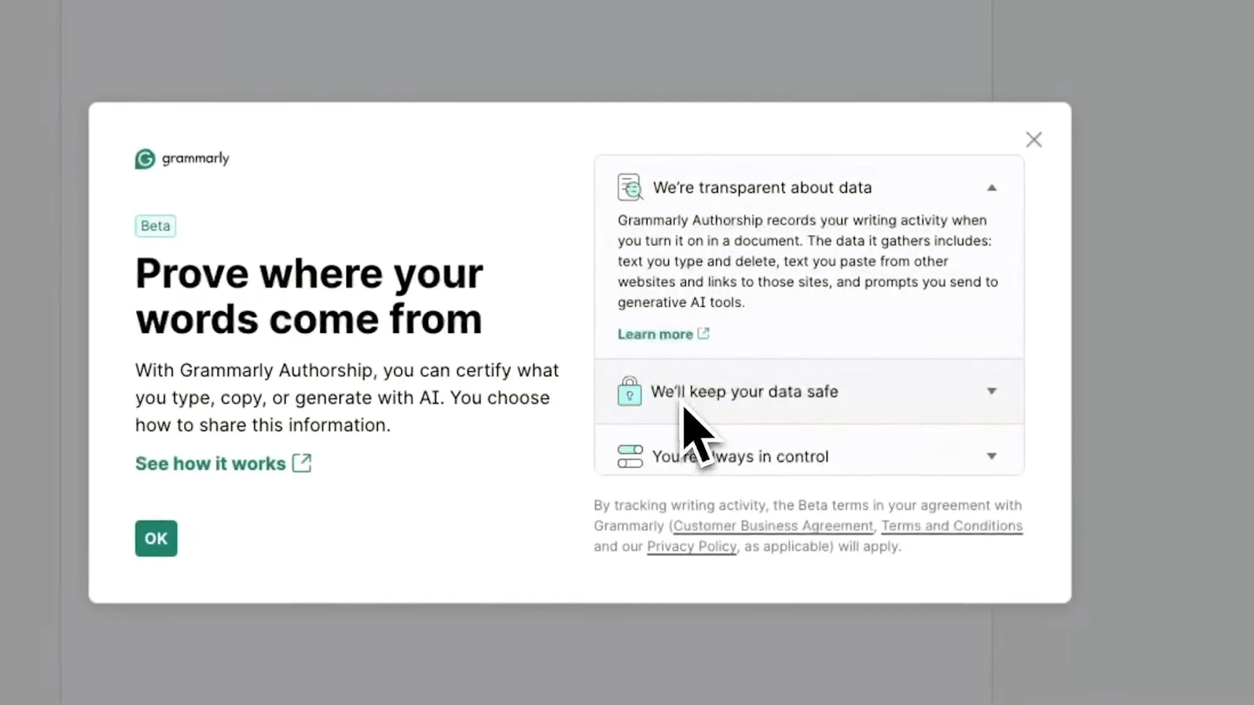 Giao diện chào mừng của Grammarly Authorship