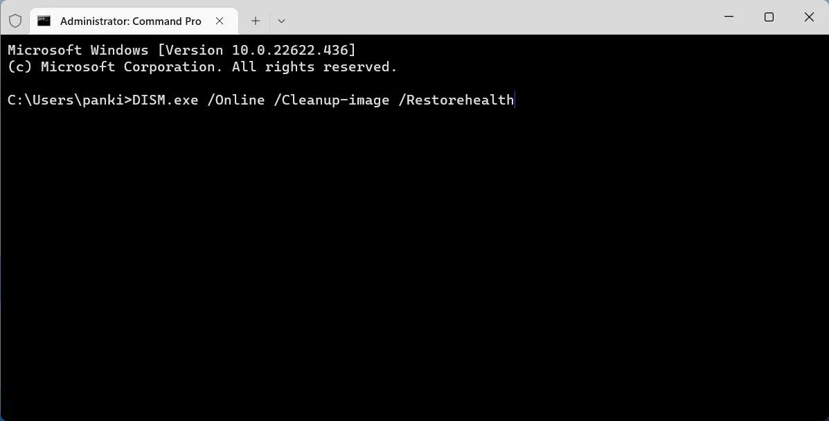 Giao diện chạy lệnh quét DISM trong cửa sổ Terminal (Admin) của Windows