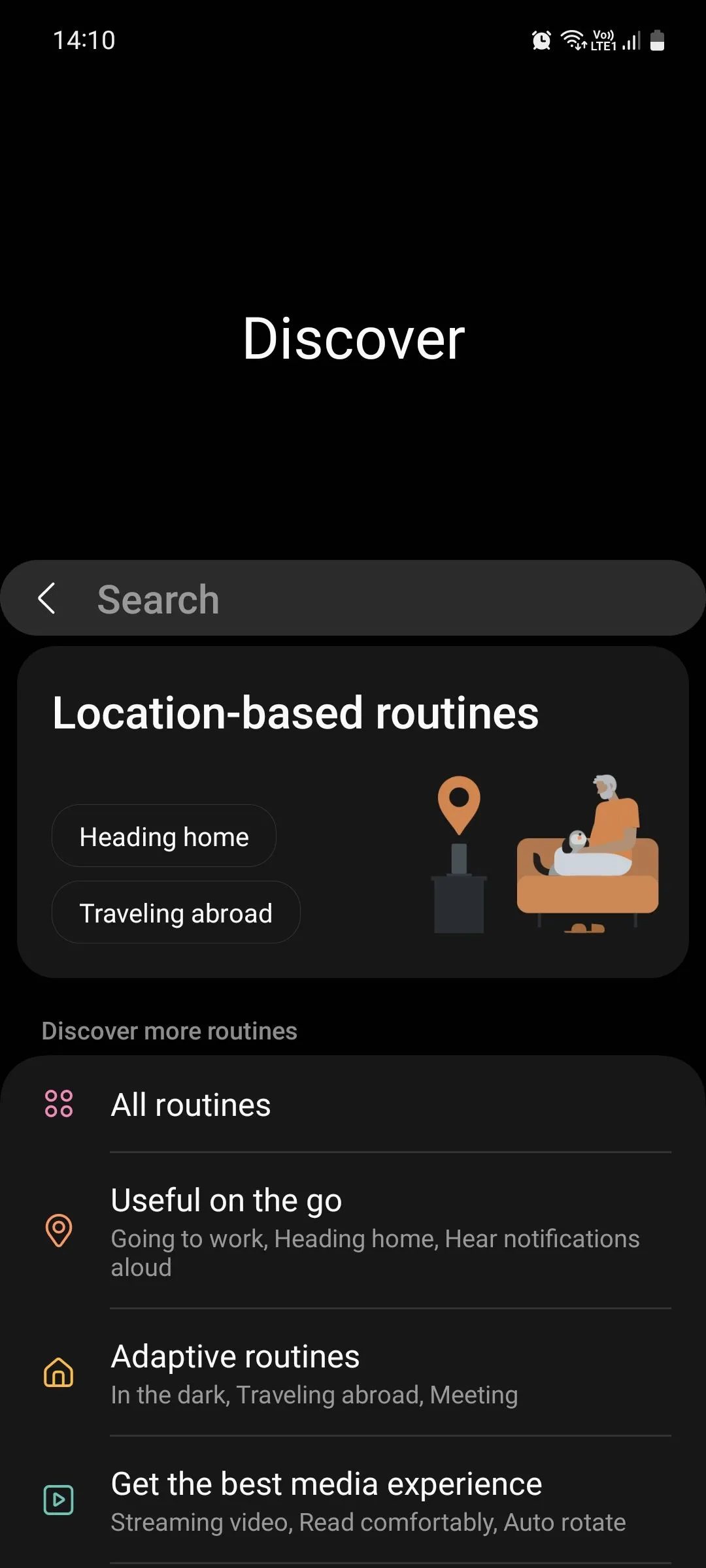 Giao diện chính của mục Khám phá (Discover) trong tính năng Chế độ và Quy trình (Modes and Routines) của Samsung Galaxy, hiển thị các gợi ý tự động hóa có sẵn.