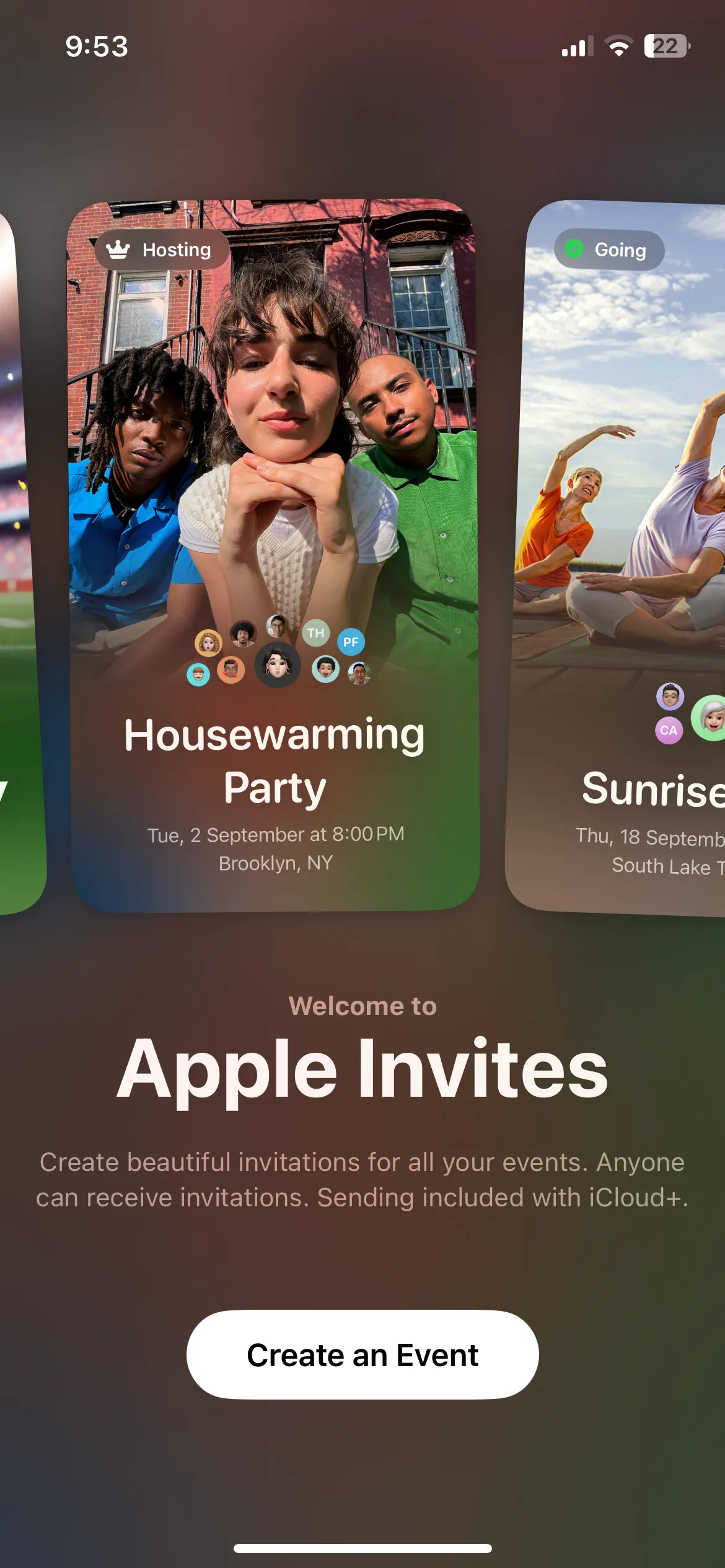 Giao diện chính của ứng dụng Apple Invites trên iPhone, nơi tạo lời mời sự kiện