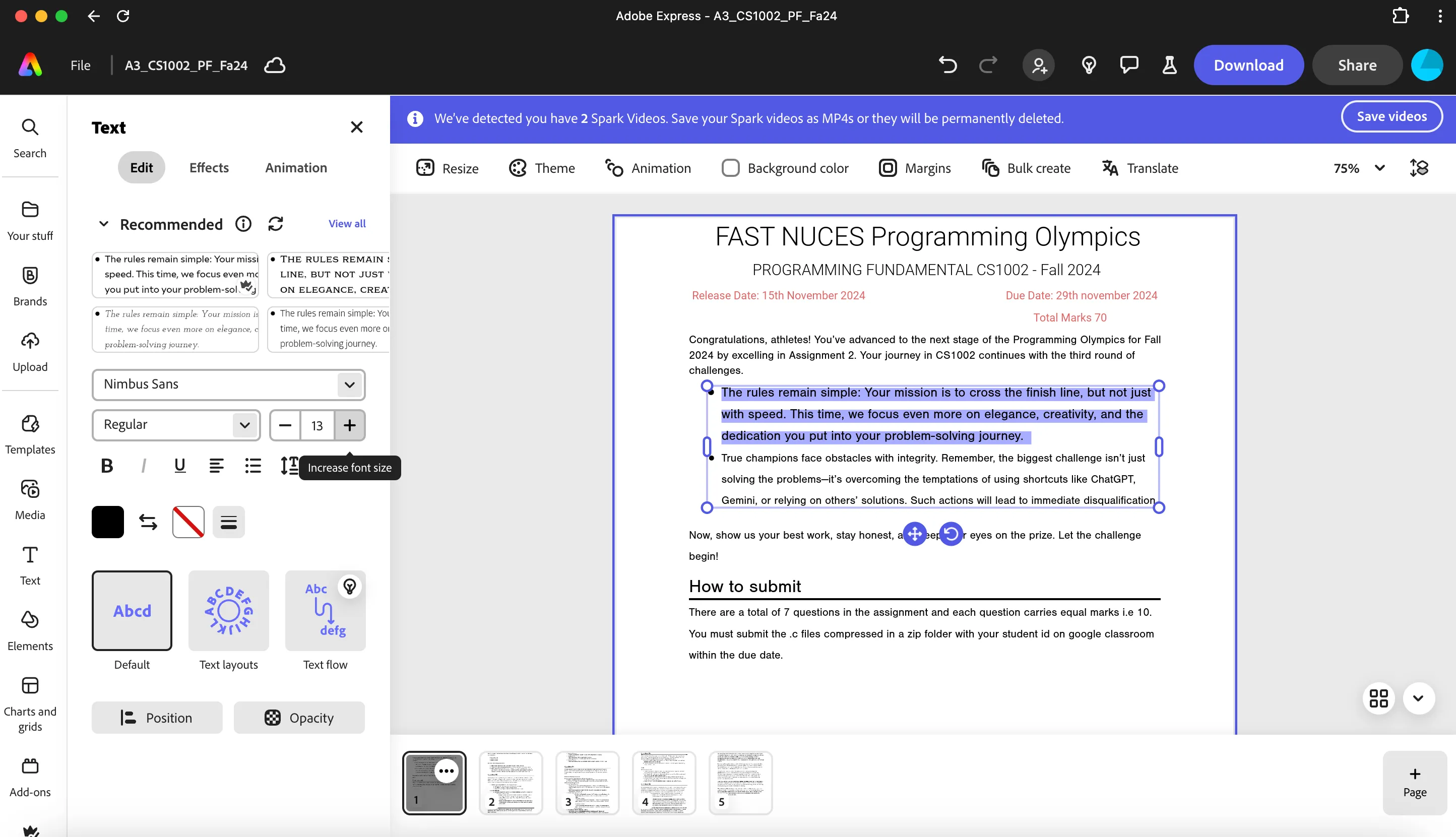 Giao diện chỉnh sửa nội dung PDF trực tiếp trong Adobe Express.