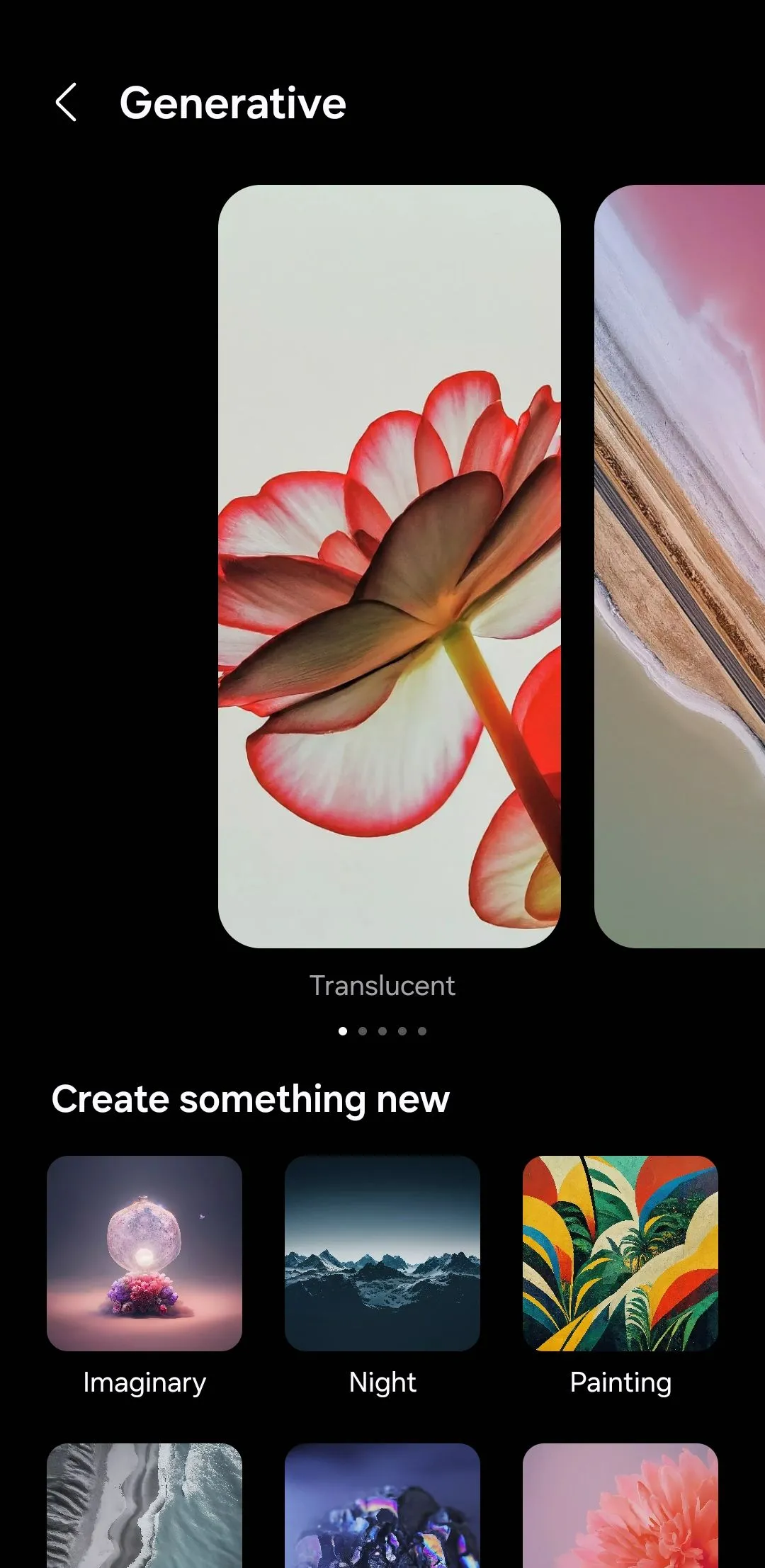 Giao diện chọn hình nền AI tạo sinh với các tùy chọn từ menu Generative Wallpapers trên Samsung Galaxy