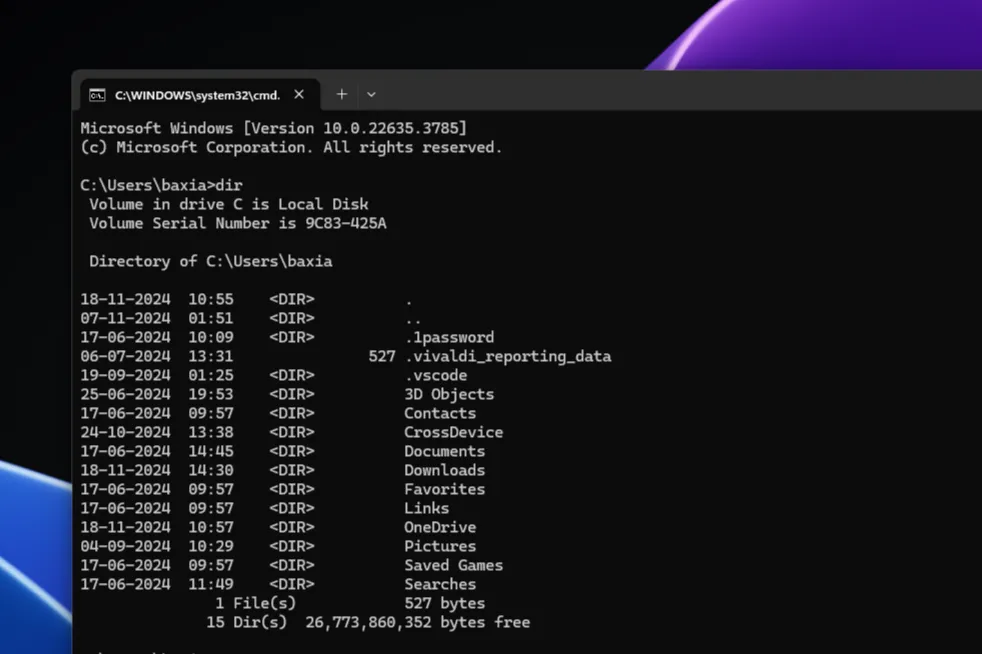 Giao diện Command Prompt trên Windows 11 với cửa sổ màu đen và chữ trắng