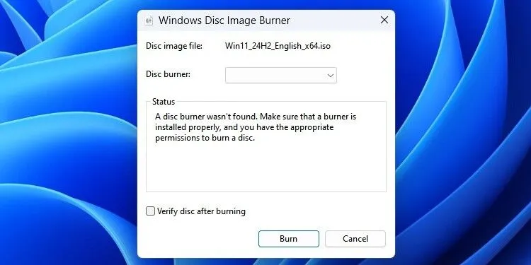 Giao diện công cụ ghi đĩa tích hợp của Windows để ghi file ISO