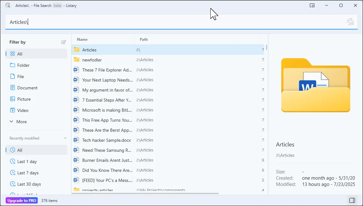 Giao diện cửa sổ tìm kiếm file đầy đủ của Listary với tùy chọn lọc nâng cao